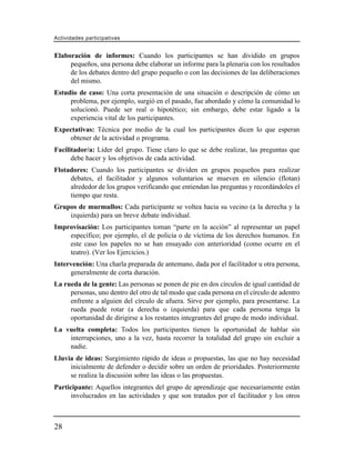 Actividades participativas


Elaboración de informes: Cuando los participantes se han dividido en grupos
     pequeños, una persona debe elaborar un informe para la plenaria con los resultados
     de los debates dentro del grupo pequeño o con las decisiones de las deliberaciones
     del mismo.
Estudio de caso: Una corta presentación de una situación o descripción de cómo un
     problema, por ejemplo, surgió en el pasado, fue abordado y cómo la comunidad lo
     solucionó. Puede ser real o hipotético; sin embargo, debe estar ligado a la
     experiencia vital de los participantes.
Expectativas: Técnica por medio de la cual los participantes dicen lo que esperan
    obtener de la actividad o programa.
Facilitador/a: Líder del grupo. Tiene claro lo que se debe realizar, las preguntas que
      debe hacer y los objetivos de cada actividad.
Flotadores: Cuando los participantes se dividen en grupos pequeños para realizar
     debates, el facilitador y algunos voluntarios se mueven en silencio (flotan)
     alrededor de los grupos verificando que entiendan las preguntas y recordándoles el
     tiempo que resta.
Grupos de murmullos: Cada participante se voltea hacia su vecino (a la derecha y la
    izquierda) para un breve debate individual.
Improvisación: Los participantes toman “parte en la acción” al representar un papel
    específico; por ejemplo, el de policía o de víctima de los derechos humanos. En
    este caso los papeles no se han ensayado con anterioridad (como ocurre en el
    teatro). (Ver los Ejercicios.)
Intervención: Una charla preparada de antemano, dada por el facilitador u otra persona,
     generalmente de corta duración.
La rueda de la gente: Las personas se ponen de pie en dos círculos de igual cantidad de
     personas, uno dentro del otro de tal modo que cada persona en el círculo de adentro
     enfrente a alguien del círculo de afuera. Sirve por ejemplo, para presentarse. La
     rueda puede rotar (a derecha o izquierda) para que cada persona tenga la
     oportunidad de dirigirse a los restantes integrantes del grupo de modo individual.
La vuelta completa: Todos los participantes tienen la oportunidad de hablar sin
    interrupciones, uno a la vez, hasta recorrer la totalidad del grupo sin excluir a
    nadie.
Lluvia de ideas: Surgimiento rápido de ideas o propuestas, las que no hay necesidad
     inicialmente de defender o decidir sobre un orden de prioridades. Posteriormente
     se realiza la discusión sobre las ideas o las propuestas.
Participante: Aquellos integrantes del grupo de aprendizaje que necesariamente están
      involucrados en las actividades y que son tratados por el facilitador y los otros



28
 