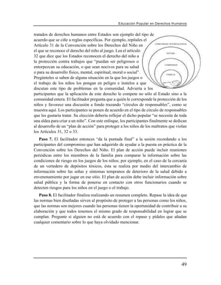 Educación Popular en Derechos H u m a n o s


tratados de derechos humanos entre Estados son ejemplo del tipo de
acuerdo que se ciñe a reglas específicas. Por ejemplo, repítales el
                                                                         COMUNIDAD INTERNACIONAL
Artículo 31 de la Convención sobre los Derechos del Niño en
el que se reconoce el derecho del niño al juego. Lea el artículo                 ESTADO
32 que dice que los Estados reconocen el derecho del niño a
la protección contra trabajos que “puedan ser peligrosos o
                                                                                COMINIDAD
entorpezcan su educación, o que sean nocivos para su salud
o para su desarrollo físico, mental, espiritual, moral o social”.                FAMILIA
Pregúnteles si saben de alguna situación en la que los juegos o
el trabajo de los niños los pongan en peligro e ínstelos a que
discutan este tipo de problemas en la comunidad. Advierta a los
participantes que la aplicación de este derecho le compete no sólo al Estado sino a la
comunidad entera. El facilitador pregunta que a quién le corresponde la protección de los
niños y favorece una discusión a fondo trazando “círculos de responsables”, como se
muestra aquí. Los participantes se ponen de acuerdo en el tipo de círculo de responsables
que les gustaría tratar. Su elección debería reflejar el dicho popular “se necesita de toda
una aldea para criar a un niño”. Con este enfoque, los participantes finalmente se dedican
al desarrollo de un “plan de acción” para proteger a los niños de los maltratos que violan
los Artículos 31, 32 o 33.
   Paso 7. El facilitador entonces “da la puntada final” a la sesión recordando a los
participantes del compromiso que han adquirido de ayudar a la puesta en práctica de la
Convención sobre los Derechos del Niño. El plan de acción puede incluir reuniones
periódicas entre los miembros de la familia para comparar la información sobre las
condiciones de riesgo en los juegos de los niños; por ejemplo, en el caso de la cercanía
de un vertedero de depósitos tóxicos, ésta se realiza por medio del intercambio de
información sobre las señas y síntomas tempranos de deterioro de la salud debido a
envenenamiento por jugar en ese sitio. El plan de acción debe incluir información sobre
salud pública y la forma de ponerse en contacto con otros funcionarios cuando se
detecten riesgos para los niños en el juego o el trabajo.
   Paso 8. El facilitador finaliza realizando un resumen completo. Repase la idea de que
las normas bien diseñadas sirven al propósito de proteger a las personas como los niños,
que las normas son mejores cuando las personas tienen la oportunidad de contribuir a su
elaboración y que todos tenemos el mismo grado de responsabilidad en lograr que se
cumplan. Pregunte si alguien no está de acuerdo con el repaso y pídales que añadan
cualquier comentario sobre lo que haya olvidado mencionar.




                                                                                            49
 