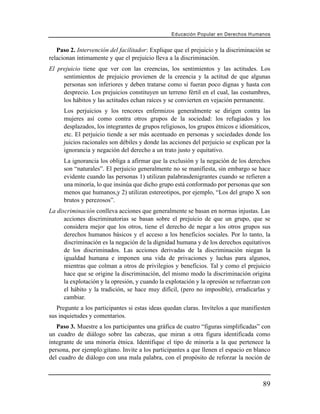 Educación Popular en Derechos H u m a n o s


   Paso 2. Intervención del facilitador: Explique que el prejuicio y la discriminación se
relacionan íntimamente y que el prejuicio lleva a la discriminación.
El prejuicio tiene que ver con las creencias, los sentimientos y las actitudes. Los
     sentimientos de prejuicio provienen de la creencia y la actitud de que algunas
     personas son inferiores y deben tratarse como si fueran poco dignas y hasta con
     desprecio. Los prejuicios constituyen un terreno fértil en el cual, las costumbres,
     los hábitos y las actitudes echan raíces y se convierten en vejación permanente.
      Los perjuicios y los rencores enfermizos generalmente se dirigen contra las
      mujeres así como contra otros grupos de la sociedad: los refugiados y los
      desplazados, los integrantes de grupos religiosos, los grupos étnicos e idiomáticos,
      etc. El perjuicio tiende a ser más acentuado en personas y sociedades donde los
      juicios racionales son débiles y donde las acciones del perjuicio se explican por la
      ignorancia y negación del derecho a un trato justo y equitativo.
      La ignorancia los obliga a afirmar que la exclusión y la negación de los derechos
      son “naturales”. El perjuicio generalmente no se manifiesta, sin embargo se hace
      evidente cuando las personas 1) utilizan palabrasdenigrantes cuando se refieren a
      una minoría, lo que insinúa que dicho grupo está conformado por personas que son
      menos que humanos,y 2) utilizan estereotipos, por ejemplo, “Los del grupo X son
      brutos y perezosos”.
La discriminación conlleva acciones que generalmente se basan en normas injustas. Las
      acciones discriminatorias se basan sobre el prejuicio de que un grupo, que se
      considera mejor que los otros, tiene el derecho de negar a los otros grupos sus
      derechos humanos básicos y el acceso a los beneficios sociales. Por lo tanto, la
      discriminación es la negación de la dignidad humana y de los derechos equitativos
      de los discriminados. Las acciones derivadas de la discriminación niegan la
      igualdad humana e imponen una vida de privaciones y luchas para algunos,
      mientras que colman a otros de privilegios y beneficios. Tal y como el prejuicio
      hace que se origine la discriminación, del mismo modo la discriminación origina
      la explotación y la opresión, y cuando la explotación y la opresión se refuerzan con
      el hábito y la tradición, se hace muy difícil, (pero no imposible), erradicarlas y
      cambiar.
   Pregunte a los participantes si estas ideas quedan claras. Invítelos a que manifiesten
sus inquietudes y comentarios.
   Paso 3. Muestre a los participantes una gráfica de cuatro “figuras simplificadas” con
un cuadro de diálogo sobre las cabezas, que miran a otra figura identificada como
integrante de una minoría étnica. Identifique el tipo de minoría a la que pertenece la
persona, por ejemplo:gitano. Invite a los participantes a que llenen el espacio en blanco
del cuadro de diálogo con una mala palabra, con el propósito de reforzar la noción de



                                                                                        89
 