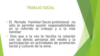 TRABAJO SOCIAL
 El Periodo Familiar/Socio-profesional no
sólo le permite asumir responsabilidades
en lo referido al trabajo y a la vida
familiar
 Sino que a la vez le facilita la relación
con las demás personas del medio y la
participación en actividades de promoción
social y cultural de la zona.
 
