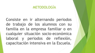METODOLOGÍA
Consiste en ir alternando periodos
de trabajo de los alumnos con su
familia en la empresa familiar o en
cualquier situación socio-económica
laboral y periodos de reflexión,
capacitación intensiva en la Escuela.
 
