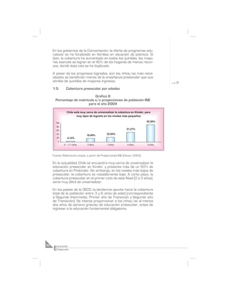 En los gobiernos de la Concertación, la oferta de programas edu-
     cativos se ha focalizado en familias en situación de pobreza. Si
     bien, la cobertura ha aumentado en todos los quintiles, los mayo-
     res avances se logran en el 40% de los hogares de menos recur-
     sos, donde ésta casi se ha duplicado.

     A pesar de los progresos logrados, aún los niños/as más nece-
     sitados se benefician menos de la enseñanza preescolar que sus
     símiles de quintiles de mayores ingresos.

     1.5.        Cobertura preescolar por edades

                               Gráfico 8
       Porcentaje de matrícula v/s proyecciones de población INE
                           para el año 2004

                 Chile est‡ muy cerca de universalizar la cobertura en Kinder, pero
                         muy lejos de lograrla en los niveles m‡s peque–os

                                                                                92,56%
       100
        80
        60
                                                                51,27%
        40                                      25,94%
                                18,40%
        20        4,12%
         0
               0 Ð 1,11 a–os     2 a–os          3 a–os         4 a–os          5 a–os




     Fuente: Elaboración propia, a partir de Proyecciones INE (Censo, 2003).

     En la actualidad, Chile se encuentra muy cerca de universalizar la
     educación preescolar en Kinder, y presenta más de un 50% de
     cobertura en Prekinder. Sin embargo, en los niveles más bajos de
     preescolar, la cobertura es notablemente baja. A corto plazo, la
     cobertura preescolar en el primer ciclo de este Nivel (0 a 3 años),
     sería muy difícil de universalizar.

     En los países de la OECD, la tendencia apunta hacia la cobertura
     total de la población entre 3 y 6 años de edad (correspondiente
     a Segundo Intermedio, Primer año de Transición y Segundo año
     de Transición). Se intenta proporcionar a los niños/as al menos
     dos años de servicio gratuito de educación preescolar, antes de
     ingresar a la educación fundamental obligatoria.




     E
20       ducación
         Preescolar
 