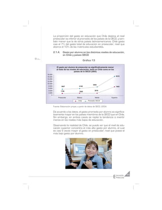 La proporción del gasto en educación que Chile destina al nivel
         preescolar es inferior al promedio de los países de la OECD, y tam-
         bién menor que la de otros países latinoamericanos. Chile gasta
         casi el 7% del gasto total de educación en preescolar, nivel que
         abarca el 10% de las matrículas estudiantiles.

         2.1.4.     Gasto por alumno en los distintos niveles de educación,
                    en Chile y países OECD

                                             Gráfico 13

            El gasto por alumno de preescolar es significativamente menor
            al resto de los niveles de educaci—n, tanto en Chile como en los
                                 pa’ses de la OECD (2003)
18.000
16.000                                                                         9210
14.000
12.000
10.000
                                                      5465
 8.000            3847                4148                                     7483
 6.000
 4.000            1766                                  2016
                                      1940
 2.000
     0
              Preescolar           B‡sica               Media            Superior

                                    Chile        Promedio OECD


         Fuente: Elaboración propia, a partir de datos de OECD, 2004.

         De acuerdo a los datos, el gasto promedio por alumno es significa-
         tivamente mayor en los países miembros de la OECD que en Chile.
         Sin embargo, en ambos casos se repite la tendencia a invertir
         menos en los niveles más bajos de educación.

         Observando la realidad de Chile, se puede ver que el nivel de edu-
         cación superior concentra el más alto gasto por alumno, el cual
         es casi 5 veces mayor al gasto en preescolar, nivel que posee el
         más bajo gasto por alumno.




                                                                           E   ducación     23
                                                                               Preescolar
 