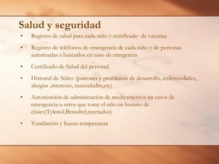 Salud y seguridad
• Registro de salud para cada niño y certificado de vacunas
• Registro de teléfonos de emergencia de cada niño y de personas
autorizadas a buscarlos en caso de emrgencia
• Certificado de Salud del personal
• Historial de Niño: (patrones y problemas de desarrollo, enfermedades,
alergias ,intereses, necesidades,etc)
• Autorización de administación de medicamentos en casos de
emergencia u otros que tome el nño en horario de
clases(Tylenol,Benadryl,recetados)
• Ventilación y buena temperatura
 