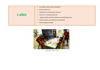 5 AÑOS
 Va al baño cuando siente necesidad.
 Se lava solo la cara.
 Colabora en el momento de la ducha.
 Come en un tiempo prudencial.
 .Juega tranquilo durante media hora, aproximadamente.
 Patea la pelota a una distancia considerable.
 Hace encargos sencillos.
Ilustración 5: Nivel Inicial
 
