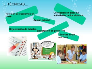 … TÉCNICAS…  Organización de debates Elaboración de proyectos Revisión de cuadernos en clase Corrección en clase de actividades de los alumnos Acción tutorial Técnicas socio métricas 