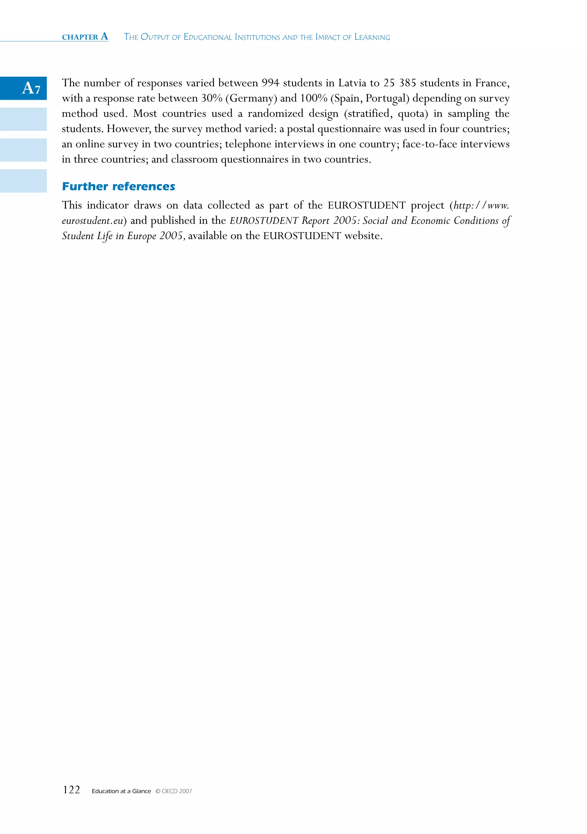 chapter a        The OuTpuT Of educaTiOnal insTiTuTiOns and The impacT Of learning



     The number of responses varied between 994 students in Latvia to 25 385 students in France,
A7   with a response rate between 30% (Germany) and 100% (Spain, Portugal) depending on survey
     method used. Most countries used a randomized design (stratified, quota) in sampling the
     students. However, the survey method varied: a postal questionnaire was used in four countries;
     an online survey in two countries; telephone interviews in one country; face-to-face interviews
     in three countries; and classroom questionnaires in two countries.

     Further references
     This indicator draws on data collected as part of the EUROSTUDENT project (http://www.
     eurostudent.eu) and published in the EuroSTuDEnT report 2005: Social and Economic Conditions of
     Student Life in Europe 2005, available on the EUROSTUDENT website.




     122   Education at a Glance   © OECD 2007
 