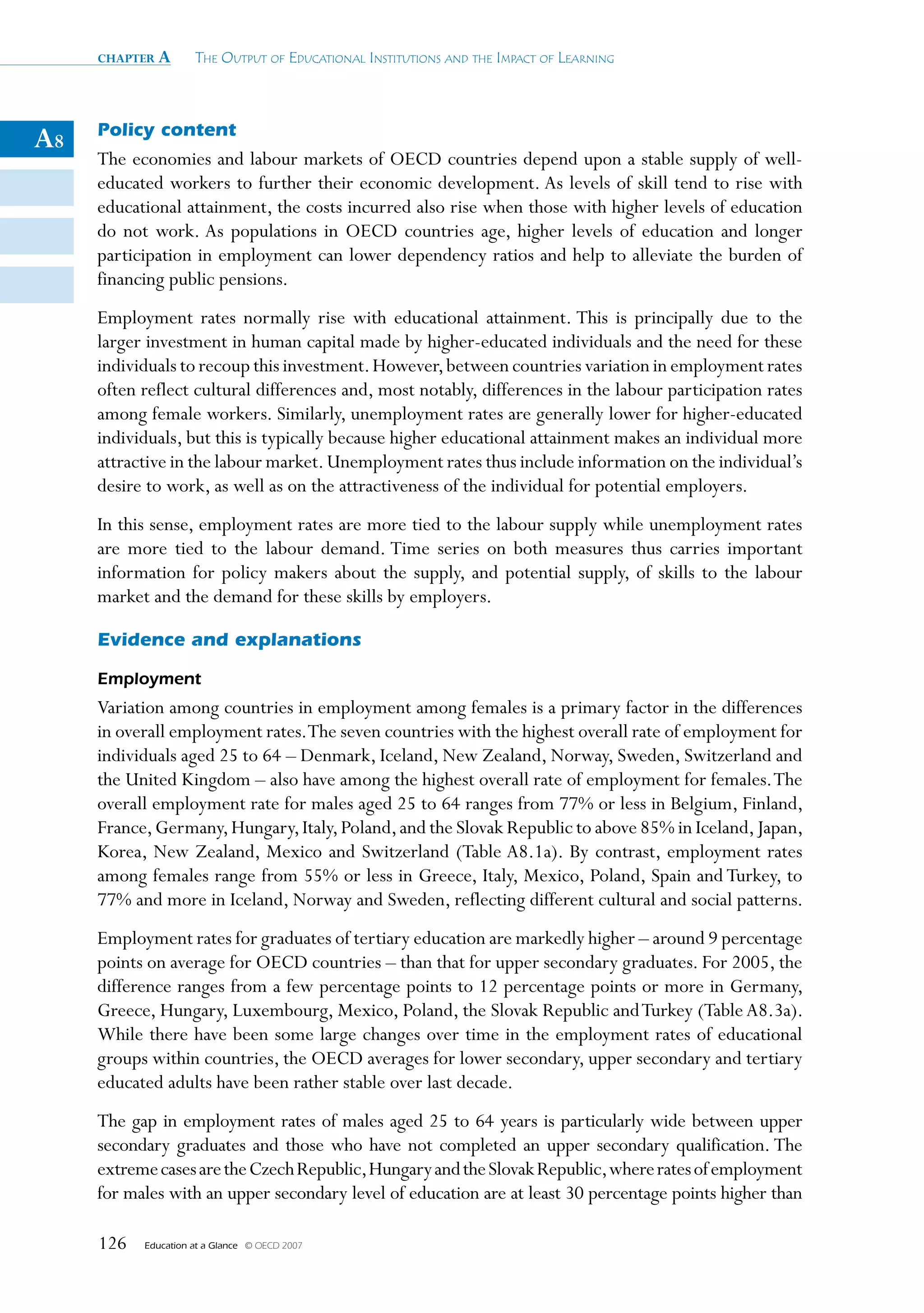 chapter a        The OuTpuT Of educaTiOnal insTiTuTiOns and The impacT Of learning



     Policy content
A8
     The economies and labour markets of OECD countries depend upon a stable supply of well-
     educated workers to further their economic development. As levels of skill tend to rise with
     educational attainment, the costs incurred also rise when those with higher levels of education
     do not work. As populations in OECD countries age, higher levels of education and longer
     participation in employment can lower dependency ratios and help to alleviate the burden of
     financing public pensions.
     Employment rates normally rise with educational attainment. This is principally due to the
     larger investment in human capital made by higher-educated individuals and the need for these
     individuals to recoup this investment. However, between countries variation in employment rates
     often reflect cultural differences and, most notably, differences in the labour participation rates
     among female workers. Similarly, unemployment rates are generally lower for higher-educated
     individuals, but this is typically because higher educational attainment makes an individual more
     attractive in the labour market. Unemployment rates thus include information on the individual’s
     desire to work, as well as on the attractiveness of the individual for potential employers.
     In this sense, employment rates are more tied to the labour supply while unemployment rates
     are more tied to the labour demand. Time series on both measures thus carries important
     information for policy makers about the supply, and potential supply, of skills to the labour
     market and the demand for these skills by employers.

     Evidence and explanations

     Employment
     Variation among countries in employment among females is a primary factor in the differences
     in overall employment rates.The seven countries with the highest overall rate of employment for
     individuals aged 25 to 64 – Denmark, Iceland, New Zealand, Norway, Sweden, Switzerland and
     the United Kingdom – also have among the highest overall rate of employment for females. The
     overall employment rate for males aged 25 to 64 ranges from 77% or less in Belgium, Finland,
     France, Germany, Hungary, Italy, Poland, and the Slovak Republic to above 85% in Iceland, Japan,
     Korea, New Zealand, Mexico and Switzerland (Table A8.1a). By contrast, employment rates
     among females range from 55% or less in Greece, Italy, Mexico, Poland, Spain and Turkey, to
     77% and more in Iceland, Norway and Sweden, reflecting different cultural and social patterns.
     Employment rates for graduates of tertiary education are markedly higher – around 9 percentage
     points on average for OECD countries – than that for upper secondary graduates. For 2005, the
     difference ranges from a few percentage points to 12 percentage points or more in Germany,
     Greece, Hungary, Luxembourg, Mexico, Poland, the Slovak Republic and Turkey (Table A8.3a).
     While there have been some large changes over time in the employment rates of educational
     groups within countries, the OECD averages for lower secondary, upper secondary and tertiary
     educated adults have been rather stable over last decade.
     The gap in employment rates of males aged 25 to 64 years is particularly wide between upper
     secondary graduates and those who have not completed an upper secondary qualification. The
     extreme cases are the Czech Republic, Hungary and the Slovak Republic, where rates of employment
     for males with an upper secondary level of education are at least 30 percentage points higher than

     126   Education at a Glance   © OECD 2007
 