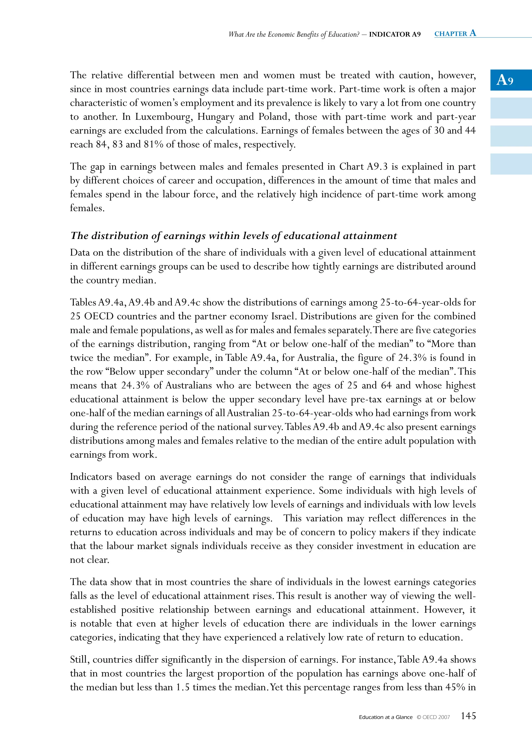 What Are the Economic Benefits of Education? – INDICATOR A9          chapter a




The relative differential between men and women must be treated with caution, however,
since in most countries earnings data include part-time work. Part-time work is often a major
                                                                                                                          A9
characteristic of women’s employment and its prevalence is likely to vary a lot from one country
to another. In Luxembourg, Hungary and Poland, those with part-time work and part-year
earnings are excluded from the calculations. Earnings of females between the ages of 30 and 44
reach 84, 83 and 81% of those of males, respectively.
The gap in earnings between males and females presented in Chart A9.3 is explained in part
by different choices of career and occupation, differences in the amount of time that males and
females spend in the labour force, and the relatively high incidence of part-time work among
females.

The distribution of earnings within levels of educational attainment
Data on the distribution of the share of individuals with a given level of educational attainment
in different earnings groups can be used to describe how tightly earnings are distributed around
the country median.
Tables A9.4a, A9.4b and A9.4c show the distributions of earnings among 25-to-64-year-olds for
25 OECD countries and the partner economy Israel. Distributions are given for the combined
male and female populations, as well as for males and females separately.There are five categories
of the earnings distribution, ranging from “At or below one-half of the median” to “More than
twice the median”. For example, in Table A9.4a, for Australia, the figure of 24.3% is found in
the row “Below upper secondary” under the column “At or below one-half of the median”. This
means that 24.3% of Australians who are between the ages of 25 and 64 and whose highest
educational attainment is below the upper secondary level have pre-tax earnings at or below
one-half of the median earnings of all Australian 25-to-64-year-olds who had earnings from work
during the reference period of the national survey. Tables A9.4b and A9.4c also present earnings
distributions among males and females relative to the median of the entire adult population with
earnings from work.
Indicators based on average earnings do not consider the range of earnings that individuals
with a given level of educational attainment experience. Some individuals with high levels of
educational attainment may have relatively low levels of earnings and individuals with low levels
of education may have high levels of earnings. This variation may reflect differences in the
returns to education across individuals and may be of concern to policy makers if they indicate
that the labour market signals individuals receive as they consider investment in education are
not clear.
The data show that in most countries the share of individuals in the lowest earnings categories
falls as the level of educational attainment rises. This result is another way of viewing the well-
established positive relationship between earnings and educational attainment. However, it
is notable that even at higher levels of education there are individuals in the lower earnings
categories, indicating that they have experienced a relatively low rate of return to education.
Still, countries differ significantly in the dispersion of earnings. For instance, Table A9.4a shows
that in most countries the largest proportion of the population has earnings above one-half of
the median but less than 1.5 times the median.Yet this percentage ranges from less than 45% in

                                                                              Education at a Glance   © OECD 2007   145
 