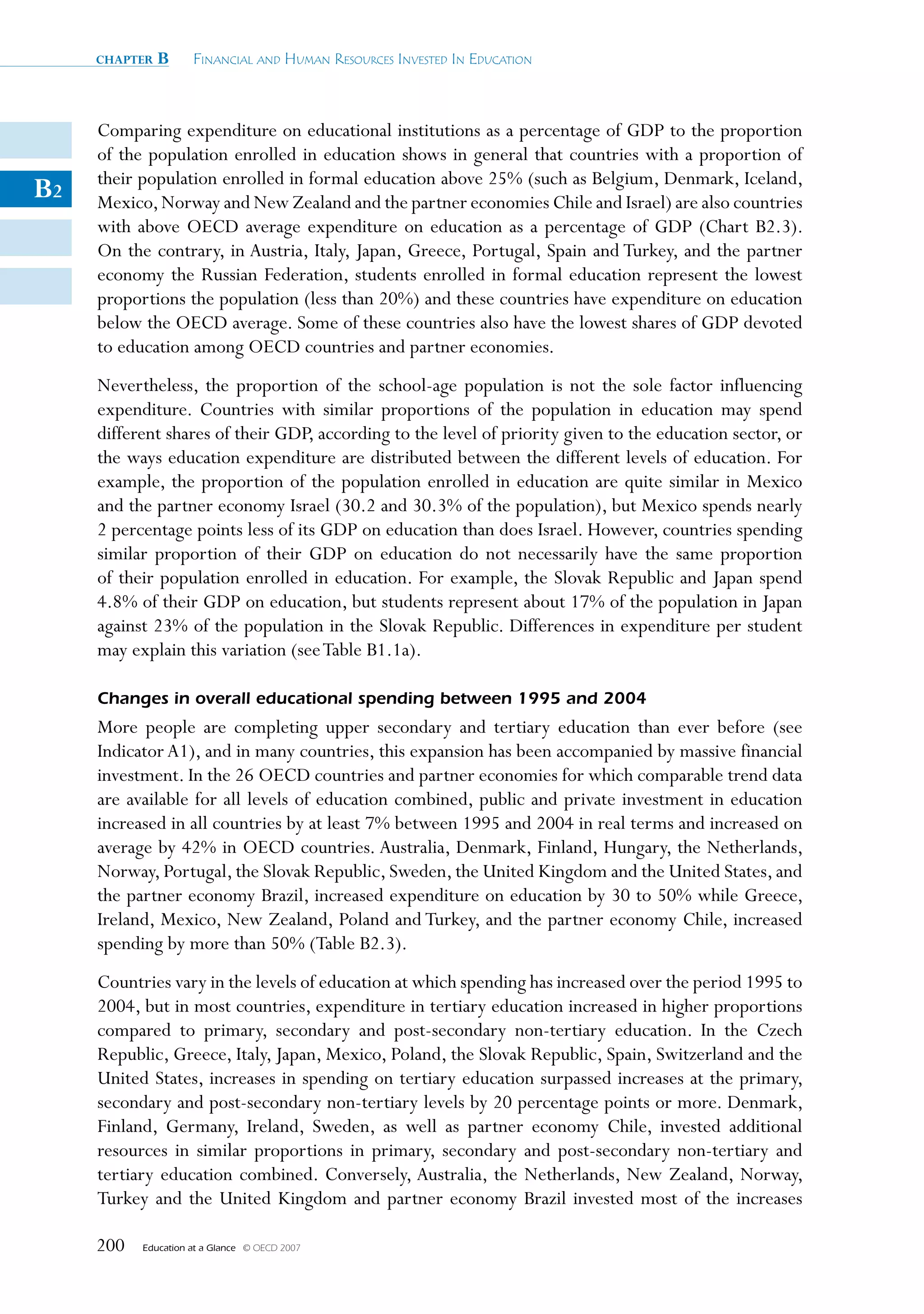 chapter   B      Financial and Human ResouRces invested in education



     Comparing expenditure on educational institutions as a percentage of GDP to the proportion
     of the population enrolled in education shows in general that countries with a proportion of
     their population enrolled in formal education above 25% (such as Belgium, Denmark, Iceland,
B2   Mexico, Norway and New Zealand and the partner economies Chile and Israel) are also countries
     with above OECD average expenditure on education as a percentage of GDP (Chart B2.3).
     On the contrary, in Austria, Italy, Japan, Greece, Portugal, Spain and Turkey, and the partner
     economy the Russian Federation, students enrolled in formal education represent the lowest
     proportions the population (less than 20%) and these countries have expenditure on education
     below the OECD average. Some of these countries also have the lowest shares of GDP devoted
     to education among OECD countries and partner economies.
     Nevertheless, the proportion of the school-age population is not the sole factor influencing
     expenditure. Countries with similar proportions of the population in education may spend
     different shares of their GDP, according to the level of priority given to the education sector, or
     the ways education expenditure are distributed between the different levels of education. For
     example, the proportion of the population enrolled in education are quite similar in Mexico
     and the partner economy Israel (30.2 and 30.3% of the population), but Mexico spends nearly
     2 percentage points less of its GDP on education than does Israel. However, countries spending
     similar proportion of their GDP on education do not necessarily have the same proportion
     of their population enrolled in education. For example, the Slovak Republic and Japan spend
     4.8% of their GDP on education, but students represent about 17% of the population in Japan
     against 23% of the population in the Slovak Republic. Differences in expenditure per student
     may explain this variation (see Table B1.1a).

     Changes in overall educational spending between 1995 and 2004
     More people are completing upper secondary and tertiary education than ever before (see
     Indicator A1), and in many countries, this expansion has been accompanied by massive financial
     investment. In the 26 OECD countries and partner economies for which comparable trend data
     are available for all levels of education combined, public and private investment in education
     increased in all countries by at least 7% between 1995 and 2004 in real terms and increased on
     average by 42% in OECD countries. Australia, Denmark, Finland, Hungary, the Netherlands,
     Norway, Portugal, the Slovak Republic, Sweden, the United Kingdom and the United States, and
     the partner economy Brazil, increased expenditure on education by 30 to 50% while Greece,
     Ireland, Mexico, New Zealand, Poland and Turkey, and the partner economy Chile, increased
     spending by more than 50% (Table B2.3).
     Countries vary in the levels of education at which spending has increased over the period 1995 to
     2004, but in most countries, expenditure in tertiary education increased in higher proportions
     compared to primary, secondary and post-secondary non-tertiary education. In the Czech
     Republic, Greece, Italy, Japan, Mexico, Poland, the Slovak Republic, Spain, Switzerland and the
     United States, increases in spending on tertiary education surpassed increases at the primary,
     secondary and post-secondary non-tertiary levels by 20 percentage points or more. Denmark,
     Finland, Germany, Ireland, Sweden, as well as partner economy Chile, invested additional
     resources in similar proportions in primary, secondary and post-secondary non-tertiary and
     tertiary education combined. Conversely, Australia, the Netherlands, New Zealand, Norway,
     Turkey and the United Kingdom and partner economy Brazil invested most of the increases

     200   Education at a Glance   © OECD 2007
 