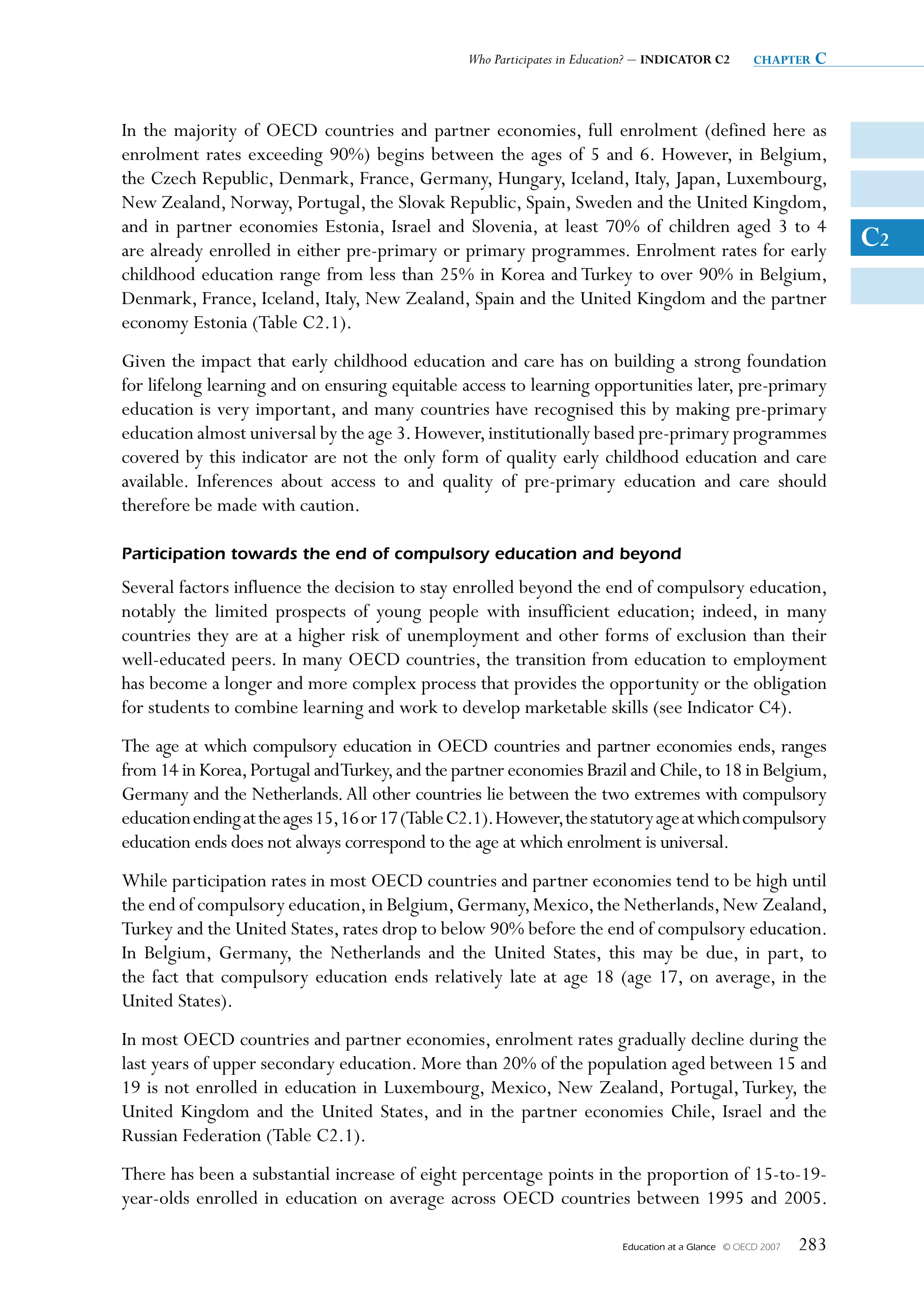 Who Participates in Education? – INDICATOR C2          chapter   c


In the majority of OECD countries and partner economies, full enrolment (defined here as
enrolment rates exceeding 90%) begins between the ages of 5 and 6. However, in Belgium,
the Czech Republic, Denmark, France, Germany, Hungary, Iceland, Italy, Japan, Luxembourg,
New Zealand, Norway, Portugal, the Slovak Republic, Spain, Sweden and the United Kingdom,
and in partner economies Estonia, Israel and Slovenia, at least 70% of children aged 3 to 4
are already enrolled in either pre-primary or primary programmes. Enrolment rates for early                             C2
childhood education range from less than 25% in Korea and Turkey to over 90% in Belgium,
Denmark, France, Iceland, Italy, New Zealand, Spain and the United Kingdom and the partner
economy Estonia (Table C2.1).
Given the impact that early childhood education and care has on building a strong foundation
for lifelong learning and on ensuring equitable access to learning opportunities later, pre-primary
education is very important, and many countries have recognised this by making pre-primary
education almost universal by the age 3. However, institutionally based pre-primary programmes
covered by this indicator are not the only form of quality early childhood education and care
available. Inferences about access to and quality of pre-primary education and care should
therefore be made with caution.

Participation towards the end of compulsory education and beyond
Several factors influence the decision to stay enrolled beyond the end of compulsory education,
notably the limited prospects of young people with insufficient education; indeed, in many
countries they are at a higher risk of unemployment and other forms of exclusion than their
well-educated peers. In many OECD countries, the transition from education to employment
has become a longer and more complex process that provides the opportunity or the obligation
for students to combine learning and work to develop marketable skills (see Indicator C4).
The age at which compulsory education in OECD countries and partner economies ends, ranges
from 14 in Korea, Portugal and Turkey, and the partner economies Brazil and Chile, to 18 in Belgium,
Germany and the Netherlands. All other countries lie between the two extremes with compulsory
education ending at the ages 15, 16 or 17 (Table C2.1). However, the statutory age at which compulsory
education ends does not always correspond to the age at which enrolment is universal.
While participation rates in most OECD countries and partner economies tend to be high until
the end of compulsory education, in Belgium, Germany, Mexico, the Netherlands, New Zealand,
Turkey and the United States, rates drop to below 90% before the end of compulsory education.
In Belgium, Germany, the Netherlands and the United States, this may be due, in part, to
the fact that compulsory education ends relatively late at age 18 (age 17, on average, in the
United States).
In most OECD countries and partner economies, enrolment rates gradually decline during the
last years of upper secondary education. More than 20% of the population aged between 15 and
19 is not enrolled in education in Luxembourg, Mexico, New Zealand, Portugal, Turkey, the
United Kingdom and the United States, and in the partner economies Chile, Israel and the
Russian Federation (Table C2.1).
There has been a substantial increase of eight percentage points in the proportion of 15-to-19-
year-olds enrolled in education on average across OECD countries between 1995 and 2005.

                                                                            Education at a Glance   © OECD 2007   283
 