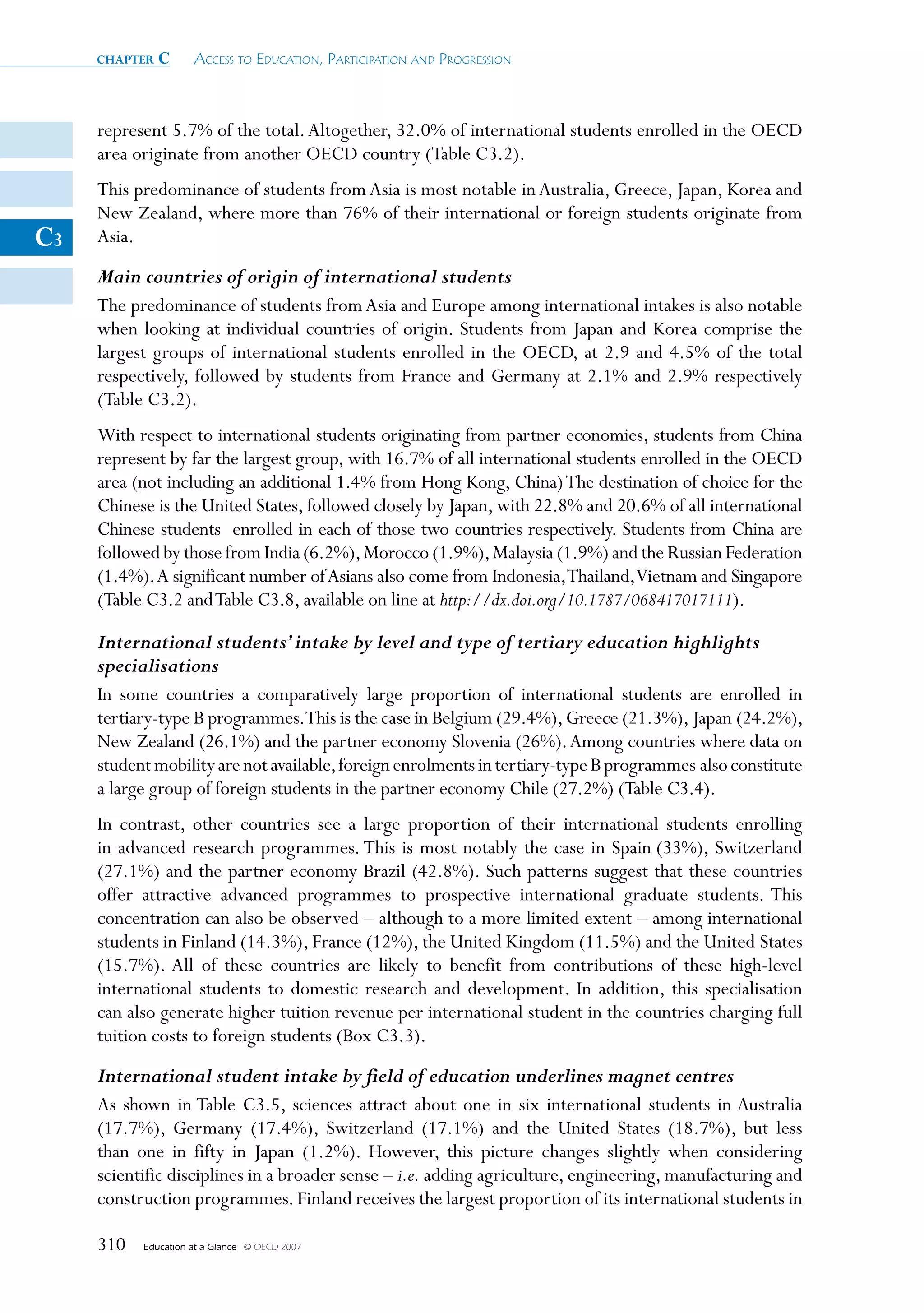 chapter   c      Access to educAtion, PArticiPAtion And Progression



     represent 5.7% of the total. Altogether, 32.0% of international students enrolled in the OECD
     area originate from another OECD country (Table C3.2).
     This predominance of students from Asia is most notable in Australia, Greece, Japan, Korea and
     New Zealand, where more than 76% of their international or foreign students originate from
C3   Asia.
     Main countries of origin of international students
     The predominance of students from Asia and Europe among international intakes is also notable
     when looking at individual countries of origin. Students from Japan and Korea comprise the
     largest groups of international students enrolled in the OECD, at 2.9 and 4.5% of the total
     respectively, followed by students from France and Germany at 2.1% and 2.9% respectively
     (Table C3.2).
     With respect to international students originating from partner economies, students from China
     represent by far the largest group, with 16.7% of all international students enrolled in the OECD
     area (not including an additional 1.4% from Hong Kong, China) The destination of choice for the
     Chinese is the United States, followed closely by Japan, with 22.8% and 20.6% of all international
     Chinese students enrolled in each of those two countries respectively. Students from China are
     followed by those from India (6.2%), Morocco (1.9%), Malaysia (1.9%) and the Russian Federation
     (1.4%). A significant number of Asians also come from Indonesia,Thailand,Vietnam and Singapore
     (Table C3.2 and Table C3.8, available on line at http://dx.doi.org/10.1787/068417017111).

     International students’ intake by level and type of tertiary education highlights
     specialisations
     In some countries a comparatively large proportion of international students are enrolled in
     tertiary-type B programmes.This is the case in Belgium (29.4%), Greece (21.3%), Japan (24.2%),
     New Zealand (26.1%) and the partner economy Slovenia (26%). Among countries where data on
     student mobility are not available, foreign enrolments in tertiary-type B programmes also constitute
     a large group of foreign students in the partner economy Chile (27.2%) (Table C3.4).
     In contrast, other countries see a large proportion of their international students enrolling
     in advanced research programmes. This is most notably the case in Spain (33%), Switzerland
     (27.1%) and the partner economy Brazil (42.8%). Such patterns suggest that these countries
     offer attractive advanced programmes to prospective international graduate students. This
     concentration can also be observed – although to a more limited extent – among international
     students in Finland (14.3%), France (12%), the United Kingdom (11.5%) and the United States
     (15.7%). All of these countries are likely to benefit from contributions of these high-level
     international students to domestic research and development. In addition, this specialisation
     can also generate higher tuition revenue per international student in the countries charging full
     tuition costs to foreign students (Box C3.3).
     International student intake by field of education underlines magnet centres
     As shown in Table C3.5, sciences attract about one in six international students in Australia
     (17.7%), Germany (17.4%), Switzerland (17.1%) and the United States (18.7%), but less
     than one in fifty in Japan (1.2%). However, this picture changes slightly when considering
     scientific disciplines in a broader sense – i.e. adding agriculture, engineering, manufacturing and
     construction programmes. Finland receives the largest proportion of its international students in

     310   Education at a Glance   © OECD 2007
 