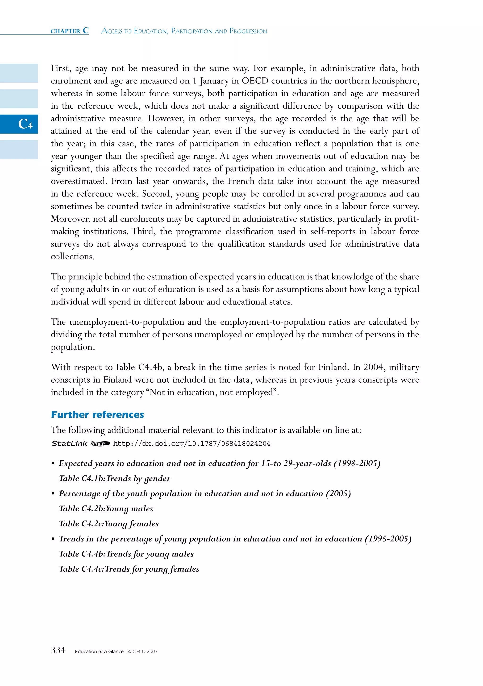 chapter   c      Access to educAtion, PArticiPAtion And Progression



     First, age may not be measured in the same way. For example, in administrative data, both
     enrolment and age are measured on 1 January in OECD countries in the northern hemisphere,
     whereas in some labour force surveys, both participation in education and age are measured
     in the reference week, which does not make a significant difference by comparison with the
     administrative measure. However, in other surveys, the age recorded is the age that will be
C4   attained at the end of the calendar year, even if the survey is conducted in the early part of
     the year; in this case, the rates of participation in education reflect a population that is one
     year younger than the specified age range. At ages when movements out of education may be
     significant, this affects the recorded rates of participation in education and training, which are
     overestimated. From last year onwards, the French data take into account the age measured
     in the reference week. Second, young people may be enrolled in several programmes and can
     sometimes be counted twice in administrative statistics but only once in a labour force survey.
     Moreover, not all enrolments may be captured in administrative statistics, particularly in profit-
     making institutions. Third, the programme classification used in self-reports in labour force
     surveys do not always correspond to the qualification standards used for administrative data
     collections.
     The principle behind the estimation of expected years in education is that knowledge of the share
     of young adults in or out of education is used as a basis for assumptions about how long a typical
     individual will spend in different labour and educational states.
     The unemployment-to-population and the employment-to-population ratios are calculated by
     dividing the total number of persons unemployed or employed by the number of persons in the
     population.
     With respect to Table C4.4b, a break in the time series is noted for Finland. In 2004, military
     conscripts in Finland were not included in the data, whereas in previous years conscripts were
     included in the category “Not in education, not employed”.

     Further references
     The following additional material relevant to this indicator is available on line at:
     1 2 http://dx.doi.org/10.1787/068418024204

     • Expected years in education and not in education for 15-to 29-year-olds (1998-2005)
       Table C4.1b:Trends by gender
     • Percentage of the youth population in education and not in education (2005)
       Table C4.2b:Young males
       Table C4.2c:Young females
     • Trends in the percentage of young population in education and not in education (1995-2005)
       Table C4.4b:Trends for young males
       Table C4.4c:Trends for young females




     334   Education at a Glance   © OECD 2007
 