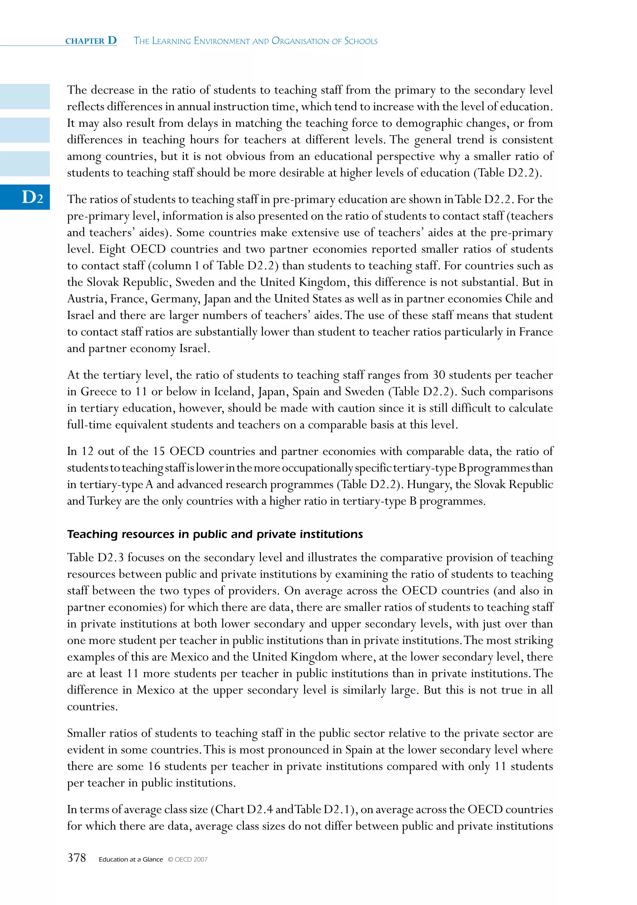 chapter   D      The Learning environmenT and organisaTion of schooLs



     The decrease in the ratio of students to teaching staff from the primary to the secondary level
     reflects differences in annual instruction time, which tend to increase with the level of education.
     It may also result from delays in matching the teaching force to demographic changes, or from
     differences in teaching hours for teachers at different levels. The general trend is consistent
     among countries, but it is not obvious from an educational perspective why a smaller ratio of
     students to teaching staff should be more desirable at higher levels of education (Table D2.2).
D2   The ratios of students to teaching staff in pre-primary education are shown in Table D2.2. For the
     pre-primary level, information is also presented on the ratio of students to contact staff (teachers
     and teachers’ aides). Some countries make extensive use of teachers’ aides at the pre-primary
     level. Eight OECD countries and two partner economies reported smaller ratios of students
     to contact staff (column 1 of Table D2.2) than students to teaching staff. For countries such as
     the Slovak Republic, Sweden and the United Kingdom, this difference is not substantial. But in
     Austria, France, Germany, Japan and the United States as well as in partner economies Chile and
     Israel and there are larger numbers of teachers’ aides. The use of these staff means that student
     to contact staff ratios are substantially lower than student to teacher ratios particularly in France
     and partner economy Israel.
     At the tertiary level, the ratio of students to teaching staff ranges from 30 students per teacher
     in Greece to 11 or below in Iceland, Japan, Spain and Sweden (Table D2.2). Such comparisons
     in tertiary education, however, should be made with caution since it is still difficult to calculate
     full-time equivalent students and teachers on a comparable basis at this level.
     In 12 out of the 15 OECD countries and partner economies with comparable data, the ratio of
     students to teaching staff is lower in the more occupationally specific tertiary-type B programmes than
     in tertiary-type A and advanced research programmes (Table D2.2). Hungary, the Slovak Republic
     and Turkey are the only countries with a higher ratio in tertiary-type B programmes.

     Teaching resources in public and private institutions
     Table D2.3 focuses on the secondary level and illustrates the comparative provision of teaching
     resources between public and private institutions by examining the ratio of students to teaching
     staff between the two types of providers. On average across the OECD countries (and also in
     partner economies) for which there are data, there are smaller ratios of students to teaching staff
     in private institutions at both lower secondary and upper secondary levels, with just over than
     one more student per teacher in public institutions than in private institutions. The most striking
     examples of this are Mexico and the United Kingdom where, at the lower secondary level, there
     are at least 11 more students per teacher in public institutions than in private institutions. The
     difference in Mexico at the upper secondary level is similarly large. But this is not true in all
     countries.
     Smaller ratios of students to teaching staff in the public sector relative to the private sector are
     evident in some countries. This is most pronounced in Spain at the lower secondary level where
     there are some 16 students per teacher in private institutions compared with only 11 students
     per teacher in public institutions.
     In terms of average class size (Chart D2.4 and Table D2.1), on average across the OECD countries
     for which there are data, average class sizes do not differ between public and private institutions

     378   Education at a Glance   © OECD 2007
 