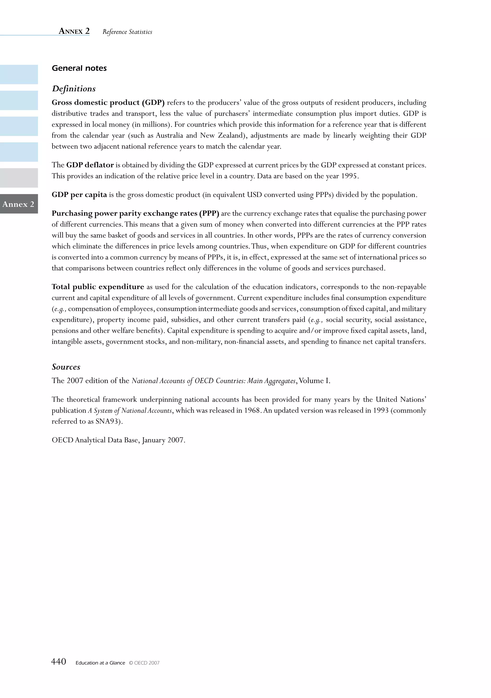 Annex 2         Reference Statistics



          General notes

          Definitions
          Gross domestic product (GDP) refers to the producers’ value of the gross outputs of resident producers, including
          distributive trades and transport, less the value of purchasers’ intermediate consumption plus import duties. GDP is
          expressed in local money (in millions). For countries which provide this information for a reference year that is different
          from the calendar year (such as Australia and New Zealand), adjustments are made by linearly weighting their GDP
          between two adjacent national reference years to match the calendar year.

          The GDP deflator is obtained by dividing the GDP expressed at current prices by the GDP expressed at constant prices.
          This provides an indication of the relative price level in a country. Data are based on the year 1995.

          GDP per capita is the gross domestic product (in equivalent USD converted using PPPs) divided by the population.
Annex 2
          Purchasing power parity exchange rates (PPP) are the currency exchange rates that equalise the purchasing power
          of different currencies. This means that a given sum of money when converted into different currencies at the PPP rates
          will buy the same basket of goods and services in all countries. In other words, PPPs are the rates of currency conversion
          which eliminate the differences in price levels among countries. Thus, when expenditure on GDP for different countries
          is converted into a common currency by means of PPPs, it is, in effect, expressed at the same set of international prices so
          that comparisons between countries reflect only differences in the volume of goods and services purchased.

          Total public expenditure as used for the calculation of the education indicators, corresponds to the non-repayable
          current and capital expenditure of all levels of government. Current expenditure includes final consumption expenditure
          (e.g., compensation of employees, consumption intermediate goods and services, consumption of fixed capital, and military
          expenditure), property income paid, subsidies, and other current transfers paid (e.g., social security, social assistance,
          pensions and other welfare benefits). Capital expenditure is spending to acquire and/or improve fixed capital assets, land,
          intangible assets, government stocks, and non-military, non-financial assets, and spending to finance net capital transfers.

          Sources
          The 2007 edition of the National Accounts of OECD Countries: Main Aggregates, Volume I.

          The theoretical framework underpinning national accounts has been provided for many years by the United Nations’
          publication A System of National Accounts, which was released in 1968. An updated version was released in 1993 (commonly
          referred to as SNA93).

          OECD Analytical Data Base, January 2007.




          440    Education at a Glance   © OECD 2007
 