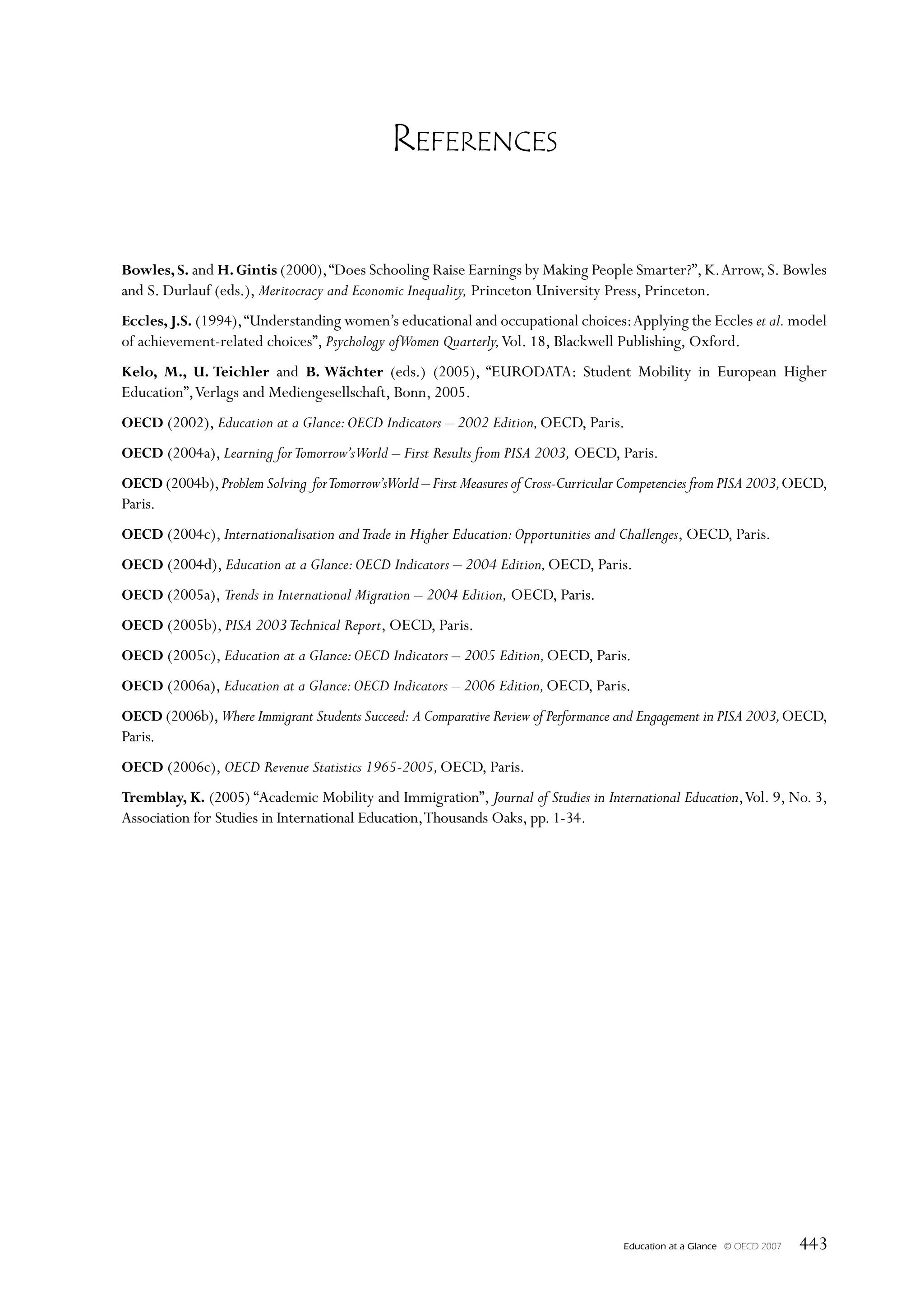 RefeRences


Bowles, S. and H. Gintis (2000), “Does Schooling Raise Earnings by Making People Smarter?”, K. Arrow, S. Bowles
and S. Durlauf (eds.), Meritocracy and Economic Inequality, Princeton University Press, Princeton.
Eccles, J.S. (1994), “Understanding women’s educational and occupational choices: Applying the Eccles et al. model
of achievement-related choices”, Psychology ofWomen Quarterly, Vol. 18, Blackwell Publishing, Oxford.
Kelo, M., U. Teichler and B. Wächter (eds.) (2005), “EURODATA: Student Mobility in European Higher
Education”, Verlags and Mediengesellschaft, Bonn, 2005.
OECD (2002), Education at a Glance: OECD Indicators – 2002 Edition, OECD, Paris.
OECD (2004a), Learning for Tomorrow’sWorld – First Results from PISA 2003, OECD, Paris.
OECD (2004b), Problem Solving for Tomorrow’sWorld – First Measures of Cross-Curricular Competencies from PISA 2003, OECD,
Paris.
OECD (2004c), Internationalisation and Trade in Higher Education: Opportunities and Challenges, OECD, Paris.
OECD (2004d), Education at a Glance: OECD Indicators – 2004 Edition, OECD, Paris.
OECD (2005a), Trends in International Migration – 2004 Edition, OECD, Paris.
OECD (2005b), PISA 2003 Technical Report, OECD, Paris.
OECD (2005c), Education at a Glance: OECD Indicators – 2005 Edition, OECD, Paris.
OECD (2006a), Education at a Glance: OECD Indicators – 2006 Edition, OECD, Paris.
OECD (2006b), Where Immigrant Students Succeed: A Comparative Review of Performance and Engagement in PISA 2003, OECD,
Paris.
OECD (2006c), OECD Revenue Statistics 1965-2005, OECD, Paris.
Tremblay, K. (2005) “Academic Mobility and Immigration”, Journal of Studies in International Education, Vol. 9, No. 3,
Association for Studies in International Education, Thousands Oaks, pp. 1-34.




                                                                                      Education at a Glance   © OECD 2007   443
 