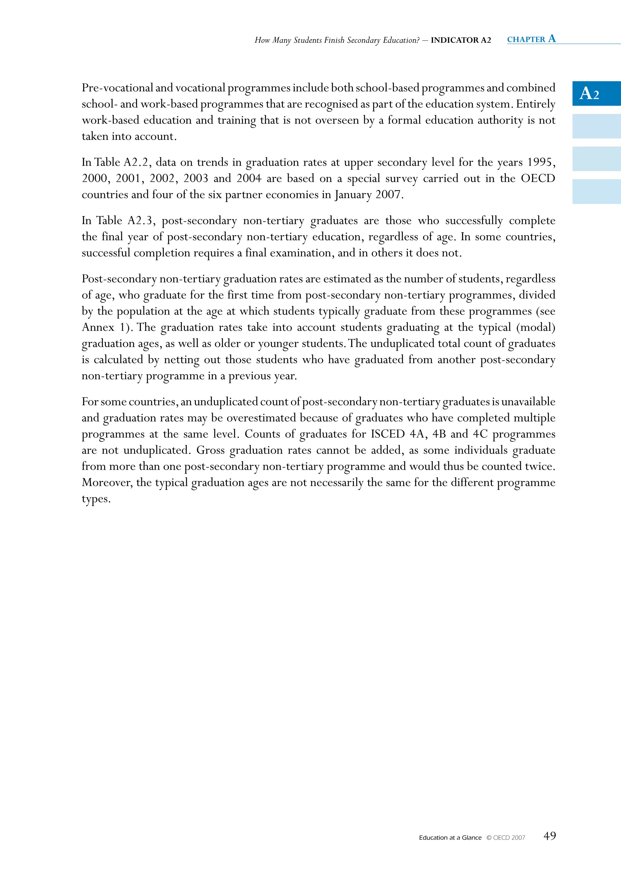 How Many Students Finish Secondary Education? – INDICATOR A2          chapter a




Pre-vocational and vocational programmes include both school-based programmes and combined
school- and work-based programmes that are recognised as part of the education system. Entirely
                                                                                                                       A2
work-based education and training that is not overseen by a formal education authority is not
taken into account.
In Table A2.2, data on trends in graduation rates at upper secondary level for the years 1995,
2000, 2001, 2002, 2003 and 2004 are based on a special survey carried out in the OECD
countries and four of the six partner economies in January 2007.
In Table A2.3, post-secondary non-tertiary graduates are those who successfully complete
the final year of post-secondary non-tertiary education, regardless of age. In some countries,
successful completion requires a final examination, and in others it does not.
Post-secondary non-tertiary graduation rates are estimated as the number of students, regardless
of age, who graduate for the first time from post-secondary non-tertiary programmes, divided
by the population at the age at which students typically graduate from these programmes (see
Annex 1). The graduation rates take into account students graduating at the typical (modal)
graduation ages, as well as older or younger students. The unduplicated total count of graduates
is calculated by netting out those students who have graduated from another post-secondary
non-tertiary programme in a previous year.
For some countries, an unduplicated count of post-secondary non-tertiary graduates is unavailable
and graduation rates may be overestimated because of graduates who have completed multiple
programmes at the same level. Counts of graduates for ISCED 4A, 4B and 4C programmes
are not unduplicated. Gross graduation rates cannot be added, as some individuals graduate
from more than one post-secondary non-tertiary programme and would thus be counted twice.
Moreover, the typical graduation ages are not necessarily the same for the different programme
types.




                                                                            Education at a Glance   © OECD 2007   49
 