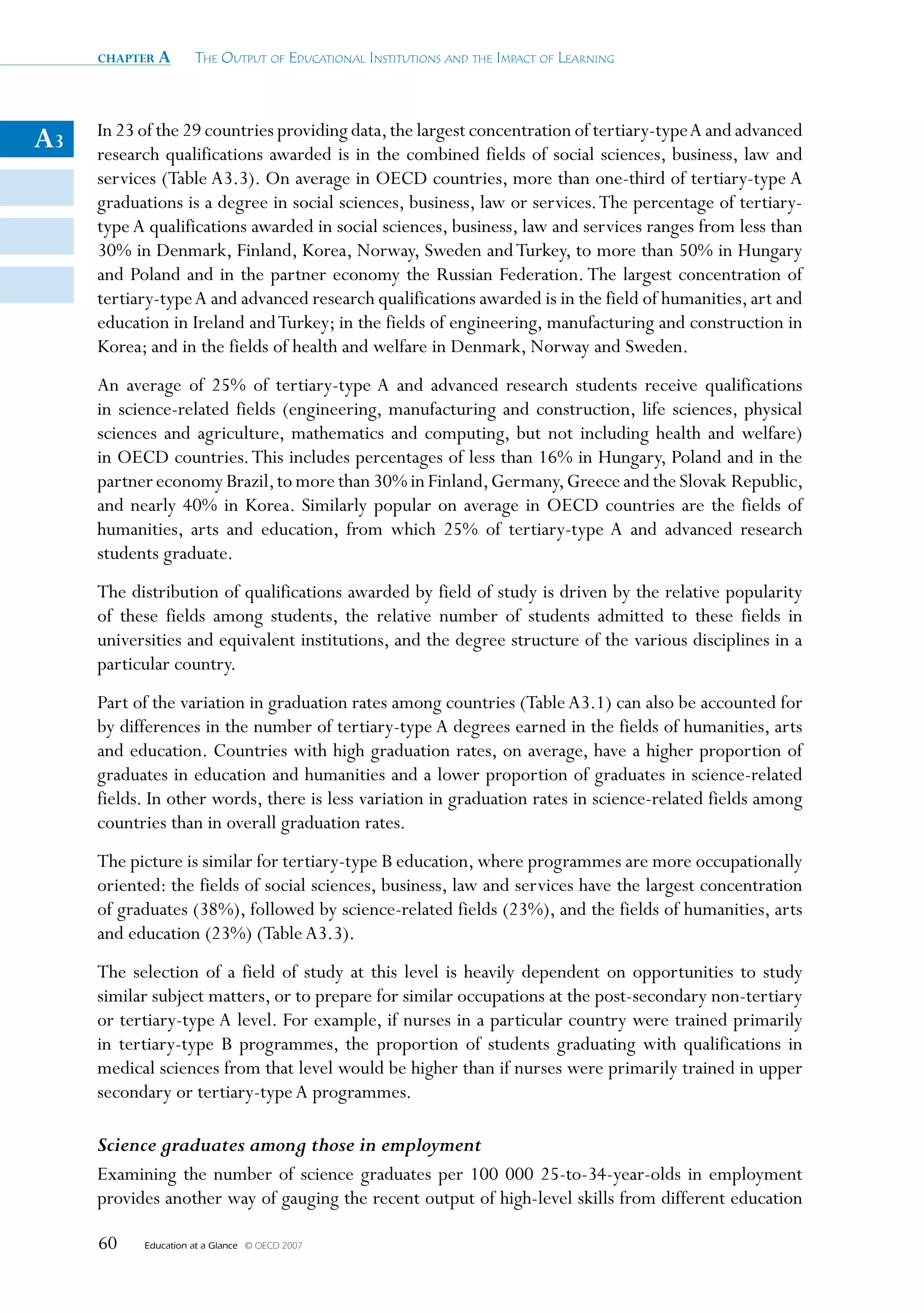 chapter a        The OuTpuT Of educaTiOnal insTiTuTiOns and The impacT Of learning



     In 23 of the 29 countries providing data, the largest concentration of tertiary-type A and advanced
A3   research qualifications awarded is in the combined fields of social sciences, business, law and
     services (Table A3.3). On average in OECD countries, more than one-third of tertiary-type A
     graduations is a degree in social sciences, business, law or services. The percentage of tertiary-
     type A qualifications awarded in social sciences, business, law and services ranges from less than
     30% in Denmark, Finland, Korea, Norway, Sweden and Turkey, to more than 50% in Hungary
     and Poland and in the partner economy the Russian Federation. The largest concentration of
     tertiary-type A and advanced research qualifications awarded is in the field of humanities, art and
     education in Ireland and Turkey; in the fields of engineering, manufacturing and construction in
     Korea; and in the fields of health and welfare in Denmark, Norway and Sweden.
     An average of 25% of tertiary-type A and advanced research students receive qualifications
     in science-related fields (engineering, manufacturing and construction, life sciences, physical
     sciences and agriculture, mathematics and computing, but not including health and welfare)
     in OECD countries. This includes percentages of less than 16% in Hungary, Poland and in the
     partner economy Brazil, to more than 30% in Finland, Germany, Greece and the Slovak Republic,
     and nearly 40% in Korea. Similarly popular on average in OECD countries are the fields of
     humanities, arts and education, from which 25% of tertiary-type A and advanced research
     students graduate.
     The distribution of qualifications awarded by field of study is driven by the relative popularity
     of these fields among students, the relative number of students admitted to these fields in
     universities and equivalent institutions, and the degree structure of the various disciplines in a
     particular country.
     Part of the variation in graduation rates among countries (Table A3.1) can also be accounted for
     by differences in the number of tertiary-type A degrees earned in the fields of humanities, arts
     and education. Countries with high graduation rates, on average, have a higher proportion of
     graduates in education and humanities and a lower proportion of graduates in science-related
     fields. In other words, there is less variation in graduation rates in science-related fields among
     countries than in overall graduation rates.
     The picture is similar for tertiary-type B education, where programmes are more occupationally
     oriented: the fields of social sciences, business, law and services have the largest concentration
     of graduates (38%), followed by science-related fields (23%), and the fields of humanities, arts
     and education (23%) (Table A3.3).
     The selection of a field of study at this level is heavily dependent on opportunities to study
     similar subject matters, or to prepare for similar occupations at the post-secondary non-tertiary
     or tertiary-type A level. For example, if nurses in a particular country were trained primarily
     in tertiary-type B programmes, the proportion of students graduating with qualifications in
     medical sciences from that level would be higher than if nurses were primarily trained in upper
     secondary or tertiary-type A programmes.

     Science graduates among those in employment
     Examining the number of science graduates per 100 000 25-to-34-year-olds in employment
     provides another way of gauging the recent output of high-level skills from different education

     60    Education at a Glance   © OECD 2007
 
