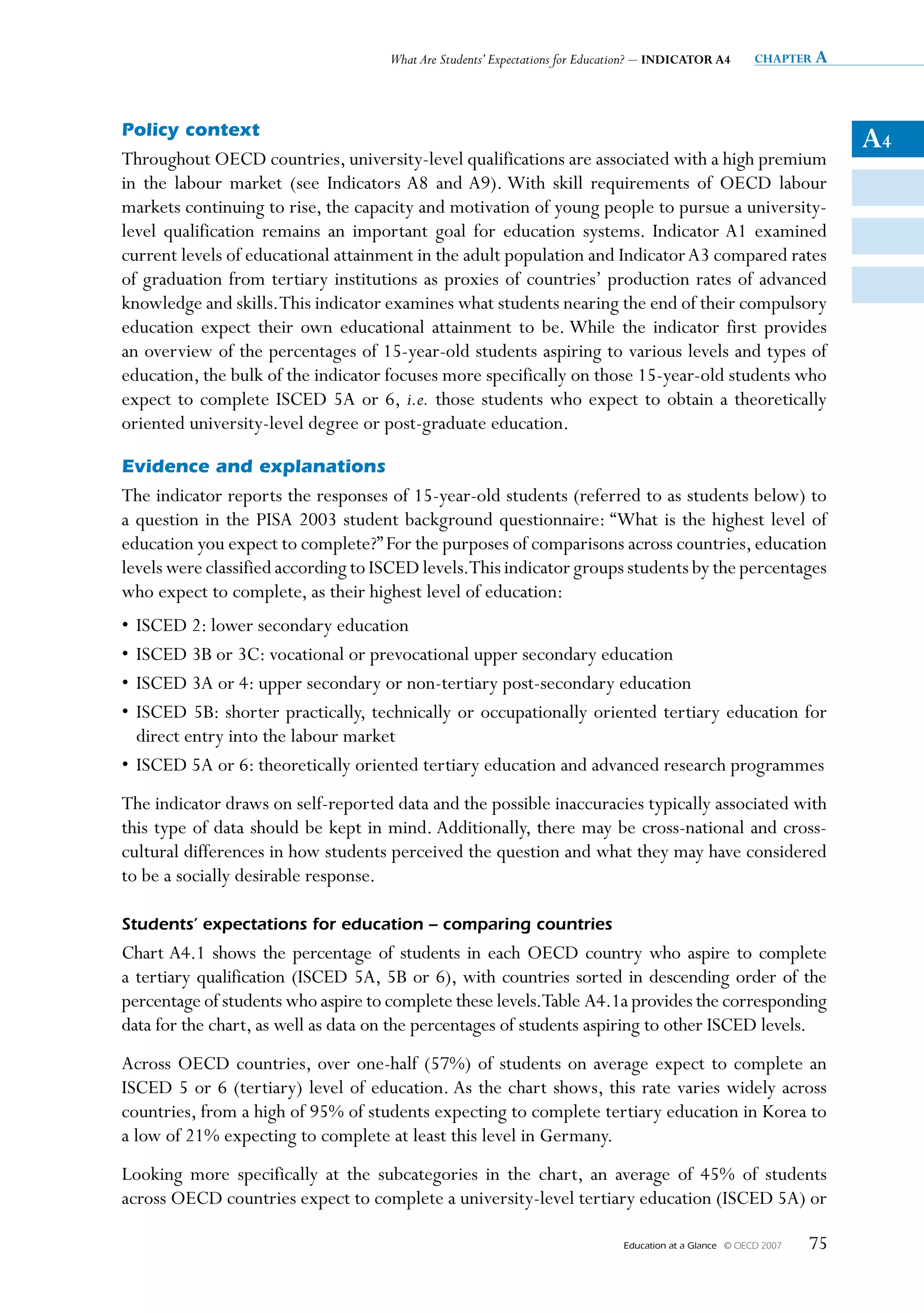 What Are Students’ Expectations for Education? – INDICATOR A4         chapter a




Policy context
                                                                                                                         A4
Throughout OECD countries, university-level qualifications are associated with a high premium
in the labour market (see Indicators A8 and A9). With skill requirements of OECD labour
markets continuing to rise, the capacity and motivation of young people to pursue a university-
level qualification remains an important goal for education systems. Indicator A1 examined
current levels of educational attainment in the adult population and Indicator A3 compared rates
of graduation from tertiary institutions as proxies of countries’ production rates of advanced
knowledge and skills. This indicator examines what students nearing the end of their compulsory
education expect their own educational attainment to be. While the indicator first provides
an overview of the percentages of 15-year-old students aspiring to various levels and types of
education, the bulk of the indicator focuses more specifically on those 15-year-old students who
expect to complete ISCED 5A or 6, i.e. those students who expect to obtain a theoretically
oriented university-level degree or post-graduate education.

Evidence and explanations
The indicator reports the responses of 15-year-old students (referred to as students below) to
a question in the PISA 2003 student background questionnaire: “What is the highest level of
education you expect to complete?” For the purposes of comparisons across countries, education
levels were classified according to ISCED levels.This indicator groups students by the percentages
who expect to complete, as their highest level of education:
• ISCED 2: lower secondary education
• ISCED 3B or 3C: vocational or prevocational upper secondary education
• ISCED 3A or 4: upper secondary or non-tertiary post-secondary education
• ISCED 5B: shorter practically, technically or occupationally oriented tertiary education for
  direct entry into the labour market
• ISCED 5A or 6: theoretically oriented tertiary education and advanced research programmes
The indicator draws on self-reported data and the possible inaccuracies typically associated with
this type of data should be kept in mind. Additionally, there may be cross-national and cross-
cultural differences in how students perceived the question and what they may have considered
to be a socially desirable response.

Students’ expectations for education – comparing countries
Chart A4.1 shows the percentage of students in each OECD country who aspire to complete
a tertiary qualification (ISCED 5A, 5B or 6), with countries sorted in descending order of the
percentage of students who aspire to complete these levels.Table A4.1a provides the corresponding
data for the chart, as well as data on the percentages of students aspiring to other ISCED levels.
Across OECD countries, over one-half (57%) of students on average expect to complete an
ISCED 5 or 6 (tertiary) level of education. As the chart shows, this rate varies widely across
countries, from a high of 95% of students expecting to complete tertiary education in Korea to
a low of 21% expecting to complete at least this level in Germany.
Looking more specifically at the subcategories in the chart, an average of 45% of students
across OECD countries expect to complete a university-level tertiary education (ISCED 5A) or

                                                                              Education at a Glance   © OECD 2007   75
 