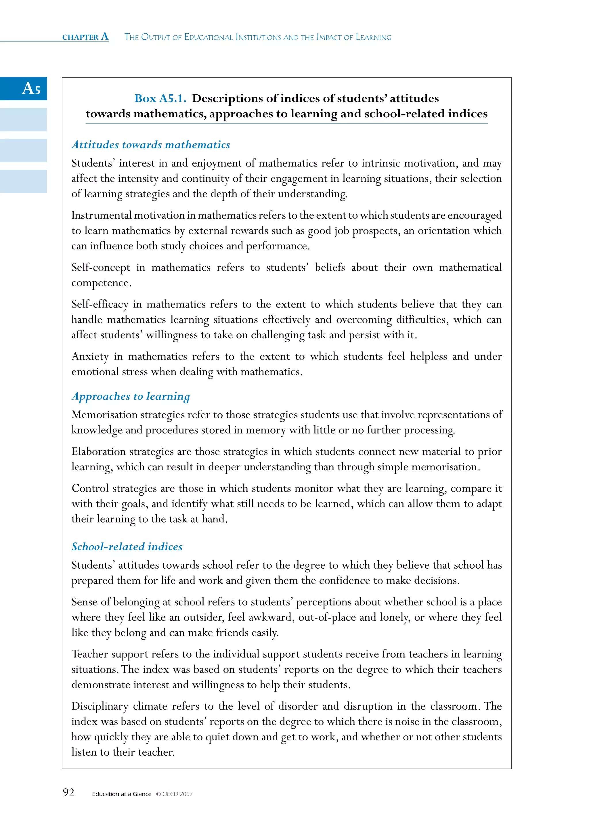 chapter a        The OuTpuT Of educaTiOnal insTiTuTiOns and The impacT Of learning




A5                Box A5.1. Descriptions of indices of students’ attitudes
          towards mathematics, approaches to learning and school-related indices

      Attitudes towards mathematics
      Students’ interest in and enjoyment of mathematics refer to intrinsic motivation, and may
      affect the intensity and continuity of their engagement in learning situations, their selection
      of learning strategies and the depth of their understanding.
      Instrumental motivation in mathematics refers to the extent to which students are encouraged
      to learn mathematics by external rewards such as good job prospects, an orientation which
      can influence both study choices and performance.
      Self-concept in mathematics refers to students’ beliefs about their own mathematical
      competence.
      Self-efficacy in mathematics refers to the extent to which students believe that they can
      handle mathematics learning situations effectively and overcoming difficulties, which can
      affect students’ willingness to take on challenging task and persist with it.
      Anxiety in mathematics refers to the extent to which students feel helpless and under
      emotional stress when dealing with mathematics.
      Approaches to learning
      Memorisation strategies refer to those strategies students use that involve representations of
      knowledge and procedures stored in memory with little or no further processing.
      Elaboration strategies are those strategies in which students connect new material to prior
      learning, which can result in deeper understanding than through simple memorisation.
      Control strategies are those in which students monitor what they are learning, compare it
      with their goals, and identify what still needs to be learned, which can allow them to adapt
      their learning to the task at hand.

      School-related indices
      Students’ attitudes towards school refer to the degree to which they believe that school has
      prepared them for life and work and given them the confidence to make decisions.
      Sense of belonging at school refers to students’ perceptions about whether school is a place
      where they feel like an outsider, feel awkward, out-of-place and lonely, or where they feel
      like they belong and can make friends easily.
      Teacher support refers to the individual support students receive from teachers in learning
      situations. The index was based on students’ reports on the degree to which their teachers
      demonstrate interest and willingness to help their students.
      Disciplinary climate refers to the level of disorder and disruption in the classroom. The
      index was based on students’ reports on the degree to which there is noise in the classroom,
      how quickly they are able to quiet down and get to work, and whether or not other students
      listen to their teacher.


     92    Education at a Glance   © OECD 2007
 