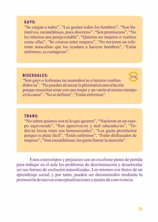 G A Y S: 
“Se cargan a todos”, “Les gustan todos los hombres”, “Son lla-mativos, 
escandalosos, poco discretos”, “Son promiscuos”, “No 
les interesa una pareja estable”, “Quieren ser mujeres o vestirse 
como ellas”, “Se criaron entre mujeres”, “No tuvieron un refe-rente 
masculino que los ayudara a hacerse hombres”, “Están 
enfermos, es contagioso”. 
B I S E X U A L E S: 
“Son gays o lesbianas no asumidos/as o heteros confun-didos/ 
as”, “No pueden alcanzar la plenitud en una relación 
27-28 
porque necesitan estar con una mujer y un varón al mismo tiempo 
en la cama”, “No se definen”, “Están enfermos”. 
T R A N S: 
“No saben quienes son ni lo que quieren”, “Nacieron en un cuer-po 
equivocado”, “Son agresivos/as y mal educados/as”, “To-dos/ 
as los/as trans son homosexuales”, “Les gusta prostituirse 
porque es plata fácil”, “Están enfermos”, “Están disfrazados de 
mujeres”, “Son escandalosas; les gusta llamar la atención”. 
Estos estereotipos y prejuicios son un excelente punto de partida 
para trabajar en el aula los problemas de discriminación y desarticular 
así sus formas de exclusión naturalizadas. Los mismos son frutos de un 
aprendizaje social, y por tanto, pueden ser deconstruidos mediante la 
promoción de nuevas conceptualizaciones y pautas de convivencia. 
13 
 