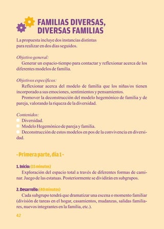 FAMILIAS DIVERSAS, 
DIVERSAS FAMILIAS 
La propuesta incluye dos instancias distintas 
para realizar en dos días seguidos. 
Objetivo general: 
Generar un espacio-tiempo para contactar y reflexionar acerca de los 
diferentes modelos de familia. 
Objetivos específicos: 
Reflexionar acerca del modelo de familia que los niñas/os tienen 
incorporado a sus emociones, sentimientos y pensamientos. 
Promover la deconstrucción del modelo hegemónico de familia y de 
pareja, valorando la riqueza de la diversidad. 
Contenidos: 
Diversidad. 
Modelo Hegemónico de pareja y familia. 
Deconstrucción de estos modelos en pos de la convivencia en diversi-dad. 
- Primera parte, día 1 - 
1. Inicio: (15 minutos) 
Exploración del espacio total a través de diferentes formas de cami-nar. 
Juego de las estatuas. Posteriormente se dividirán en subgrupos. 
2. Desarrollo: (40 minutos) 
Cada subgrupo tendrá que dramatizar una escena o momento familiar 
(división de tareas en el hogar, casamientos, mudanzas, salidas familia-res, 
nuevos integrantes en la familia, etc.). 
42 
 