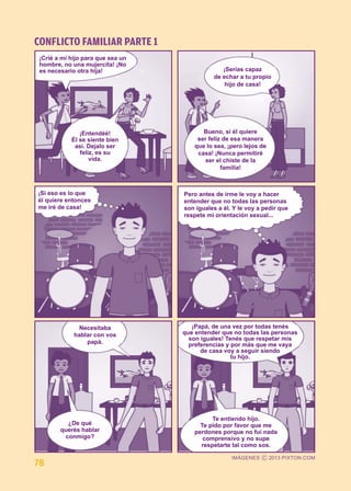 CONFLICTO FAMILIAR PARTE 1 
¡Crié a mi hijo para que sea un 
hombre, no una mujercita! ¡No 
es necesario otra hija! 
¡Entendéé! 
Él se siente bien 
así. Dejalo ser 
feliz, es su 
vida. 
¡Serías capaz 
de echar a tu propio 
hijo de casa! 
Bueno, si él quiere 
ser feliz de esa manera 
que lo sea, ¡pero lejos de 
casa! ¡Nunca permitiré 
ser el chiste de la 
familia! 
¡Si eso es lo que 
él quiere entonces 
me iré de casa! 
Pero antes de irme le voy a hacer 
entender que no todas las personas 
son iguales a él. Y le voy a pedir que 
respete mi orientación sexual... 
Necesitaba 
hablar con vos 
papá. 
¿De qué 
querés hablar 
conmigo? 
¡Papá, de una vez por todas tenés 
que entender que no todas las personas 
son iguales! Tenés que respetar mis 
preferencias y por más que me vaya 
de casa voy a seguir siendo 
tu hijo. 
Te entiendo hijo. 
Te pido por favor que me 
perdones porque no fui nada 
comprensivo y no supe 
respetarte tal como sos. 
78 
 