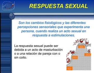 Son los cambios fisiológicos y las diferentes
percepciones sensoriales que experimenta una
persona, cuando realiza un acto sexual en
respuesta a estimulaciones.
RESPUESTA SEXUAL
La respuesta sexual puede ser
debida a un acto de masturbación
o a una relación de pareja con o
sin coito.
 