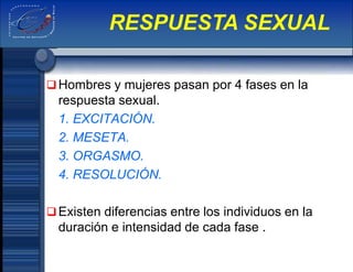 Hombres y mujeres pasan por 4 fases en la
respuesta sexual.
1. EXCITACIÓN.
2. MESETA.
3. ORGASMO.
4. RESOLUCIÓN.
Existen diferencias entre los individuos en la
duración e intensidad de cada fase .
RESPUESTA SEXUAL
 