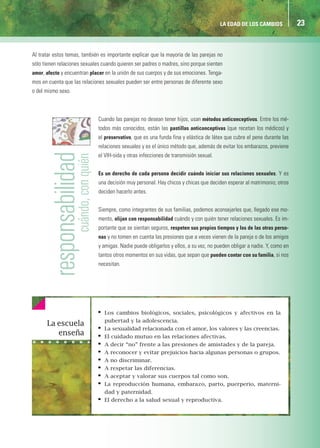 LA EDAD DE LOS CAMBIOS             23


Al tratar estos temas, también es importante explicar que la mayoría de las parejas no
sólo tienen relaciones sexuales cuando quieren ser padres o madres, sino porque sienten
amor, afecto y encuentran placer en la unión de sus cuerpos y de sus emociones. Tenga-
mos en cuenta que las relaciones sexuales pueden ser entre personas de diferente sexo
o del mismo sexo.



                              Cuando las parejas no desean tener hijos, usan métodos anticonceptivos. Entre los mé-
                              todos más conocidos, están las pastillas anticonceptivas (que recetan los médicos) y
                              el preservativo, que es una funda fina y elástica de látex que cubre el pene durante las
                              relaciones sexuales y es el único método que, además de evitar los embarazos, previene
                              el VIH-sida y otras infecciones de transmisión sexual.


                              Es un derecho de cada persona decidir cuándo iniciar sus relaciones sexuales. Y es
                              una decisión muy personal. Hay chicos y chicas que deciden esperar al matrimonio; otros
                              deciden hacerlo antes.


                              Siempre, como integrantes de sus familias, podemos aconsejarles que, llegado ese mo-
                              mento, elijan con responsabilidad cuándo y con quién tener relaciones sexuales. Es im-
                              portante que se sientan seguros, respeten sus propios tiempos y los de las otras perso-
                              nas y no tomen en cuenta las presiones que a veces vienen de la pareja o de los amigos
                              y amigas. Nadie puede obligarlos y ellos, a su vez, no pueden obligar a nadie. Y, como en
                              tantos otros momentos en sus vidas, que sepan que pueden contar con su familia, si nos
                              necesitan.




                              •   Los cambios biológicos, sociales, psicológicos y afectivos en la
                                  pubertad y la adolescencia.
      La escuela
                              •   La sexualidad relacionada con el amor, los valores y las creencias.
         enseña               •   El cuidado mutuo en las relaciones afectivas.
                              •   A decir “no” frente a las presiones de amistades y de la pareja.
                              •   A reconocer y evitar prejuicios hacia algunas personas o grupos.
                              •   A no discriminar.
                              •   A respetar las diferencias.
                              •   A aceptar y valorar sus cuerpos tal como son.
                              •   La reproducción humana, embarazo, parto, puerperio, materni-
                                  dad y paternidad.
                              •   El derecho a la salud sexual y reproductiva.
 
