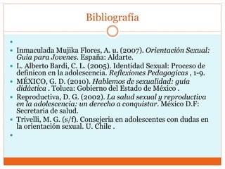 Bibliografía

 Inmaculada Mujika Flores, A. u. (2007). Orientación Sexual:
Guia para Jovenes. España: Aldarte.
 L. Alberto Bardi, C. L. (2005). Identidad Sexual: Proceso de
definicon en la adolescencia. Reflexiones Pedagogicas , 1-9.
 MÉXICO, G. D. (2010). Hablemos de sexualidad: guía
didáctica . Toluca: Gobierno del Estado de México .
 Reproductiva, D. G. (2002). La salud sexual y reproductiva
en la adolescencia: un derecho a conquistar. México D.F:
Secretaria de salud.
 Trivelli, M. G. (s/f). Consejeria en adolescentes con dudas en
la orientación sexual. U. Chile .

 