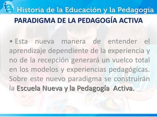 • Esta nueva manera de entender el
aprendizaje dependiente de la experiencia y
no de la recepción generará un vuelco total
en los modelos y experiencias pedagógicas.
Sobre este nuevo paradigma se construirán
la Escuela Nueva y la Pedagogía Activa.
PARADIGMA DE LA PEDAGOGÍA ACTIVA
 