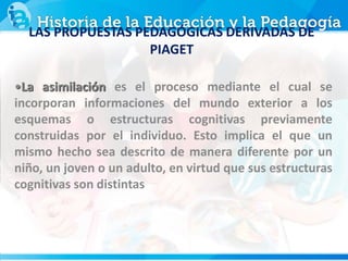 •La asimilación es el proceso mediante el cual se
incorporan informaciones del mundo exterior a los
esquemas o estructuras cognitivas previamente
construidas por el individuo. Esto implica el que un
mismo hecho sea descrito de manera diferente por un
niño, un joven o un adulto, en virtud que sus estructuras
cognitivas son distintas
LAS PROPUESTAS PEDAGÓGICAS DERIVADAS DE
PIAGET
 