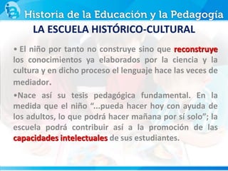 • El niño por tanto no construye sino que reconstruye
los conocimientos ya elaborados por la ciencia y la
cultura y en dicho proceso el lenguaje hace las veces de
mediador.
•Nace así su tesis pedagógica fundamental. En la
medida que el niño “...pueda hacer hoy con ayuda de
los adultos, lo que podrá hacer mañana por sí solo”; la
escuela podrá contribuir así a la promoción de las
capacidades intelectuales de sus estudiantes.
LA ESCUELA HISTÓRICO-CULTURAL
 