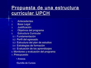 Propuesta de una estructura
curricular UPCH
1.1. AntecedentesAntecedentes
2.2. Base LegalBase Legal
3.3. JustificaciónJustificación
4.4. Objetivos del programaObjetivos del programa
5.5. Estructura CurricularEstructura Curricular
5.15.1 FundamentaciónFundamentación
5.25.2 Perfil del egresadoPerfil del egresado
5.35.3 Estructura del plan de estudiosEstructura del plan de estudios
5.45.4 Estrategias de formaciónEstrategias de formación
5.55.5 Evaluación de los aprendizajesEvaluación de los aprendizajes
6.6. Monitoreo y evaluación del programaMonitoreo y evaluación del programa
77. Presupuesto. Presupuesto
• Anexos
•Sumilla de Cursos
 