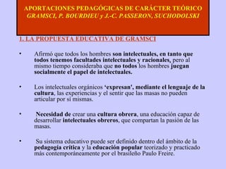 APORTACIONES PEDAGÓGICAS DE CARÁCTER TEÓRICO GRAMSCI, P. BOURDIEU y J.-C. PASSERON, SUCHODOLSKI   1. LA PROPUESTA EDUCATIVA DE GRAMSCI Afirmó que todos los hombres  son intelectuales, en tanto que todos tenemos facultades intelectuales y racionales ,  pero al mismo tiempo consideraba que  no todos  los hombres  juegan socialmente   el papel de intelectuales. Los intelectuales orgánicos  ‘expresan', mediante el lenguaje de la cultura , las experiencias y el sentir que las masas no pueden articular por sí mismas. Necesidad de  crear una  cultura obrera , una educación capaz de desarrollar  intelectuales obreros , que compartan la pasión de las masas. Su sistema educativo puede ser definido dentro del ámbito de la  pedagogía crítica  y la  educación popular  teorizado y practicado más contemporáneamente por el brasileño Paulo Freire. 