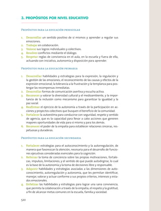 3. PROPÓSITOS POR NIVEL EDUCATIVO
Propósitos para la educación preescolar
1. Desarrollar un sentido positivo de sí mismos y aprender a regular sus
emociones.
2. Trabajar en colaboración.
3. Valorar sus logros individuales y colectivos.
4. Resolver conﬂictos mediante el diálogo.
5. Respetar reglas de convivencia en el aula, en la escuela y fuera de ella,
actuando con iniciativa, autonomía y disposición para aprender.
Propósitos para la educación primaria
1. Desarrollar habilidades y estrategias para la expresión, la regulación y
la gestión de las emociones; el reconocimiento de las causas y efectos de la
expresión emocional; la tolerancia a la frustración y la templanza para pos-
tergar las recompensas inmediatas.
2. Desarrollar formas de comunicación asertiva y escucha activa.
3. Reconocer y valorar la diversidad cultural y el medioambiente, y la impor-
tancia de la inclusión como mecanismo para garantizar la igualdad y la
paz social.
4. Reaﬁrmar el ejercicio de la autonomía a través de la participación en ac-
ciones y proyectos colectivos que busquen el beneﬁcio de la comunidad.
5. Fortalecer la autoestima para conducirse con seguridad, respeto y sentido
de agencia, que es la capacidad para llevar a cabo acciones que generen
mayores oportunidades de vida para sí mismo y para los demás.
6. Reconocer el poder de la empatía para establecer relaciones sinceras, res-
petuosas y duraderas.
Propósitos para la educación secundaria
1. Fortalecer estrategias para el autoconocimiento y la autorregulación, de
manera que favorezcan la atención, necesaria para el desarrollo de funcio-
nes ejecutivas consideradas esenciales para la cognición.
2. Reforzar la toma de conciencia sobre las propias motivaciones, fortale-
zas, impulsos, limitaciones; y el sentido de que puede autodirgirse, lo cual
es la base de la autonomía y la toma de decisiones libre y responsable.
3. Adquirir habilidades y estrategias asociadas a las dimensiones de auto-
conocimiento, autorregulación y autonomía, que les permitan identiﬁcar,
manejar, valorar y actuar conforme a sus propios criterios, intereses y esta-
dos emocionales.
4. Enfatizar las habilidades y estrategias para lograr una sana convivencia,
que permita la colaboración a través de la empatía, el respeto y la gratitud,
a ﬁn de alcanzar metas comunes en la escuela, familia y sociedad.
520
 