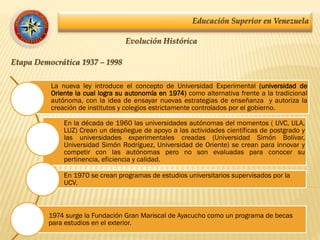 Educación Superior en Venezuela
Evolución Histórica
Etapa Democrática 1937 – 1998
La nueva ley introduce el concepto de Universidad Experimental (universidad de
Oriente la cual logra su autonomía en 1974) como alternativa frente a la tradicional
autónoma, con la idea de ensayar nuevas estrategias de enseñanza y autoriza la
creación de institutos y colegios estrictamente controlados por el gobierno.
En la década de 1960 las universidades autónomas del momentos ( UVC, ULA,
LUZ) Crean un despliegue de apoyo a las actividades científicas de postgrado y
las universidades experimentales creadas (Universidad Simón Bolívar,
Universidad Simón Rodríguez, Universidad de Oriente) se crean para innovar y
competir con las autónomas pero no son evaluadas para conocer su
pertinencia, eficiencia y calidad.
En 1970 se crean programas de estudios universitarios supervisados por la
UCV.
1974 surge la Fundación Gran Mariscal de Ayacucho como un programa de becas
para estudios en el exterior.
 