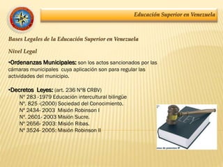 Educación Superior en Venezuela
Bases Legales de la Educación Superior en Venezuela
Nivel Legal
•Ordenanzas Municipales: son los actos sancionados por las
cámaras municipales cuya aplicación son para regular las
actividades del municipio.
•Decretos Leyes: (art. 236 Nº8 CRBV)
Nº 283 -1979 Educación intercultural bilingüe
Nº. 825 -(2000) Sociedad del Conocimiento.
Nº 2434- 2003 Misión Robinson I
Nº. 2601- 2003 Misión Sucre.
Nº 2656- 2003: Misión Ribas.
Nº 3524- 2005: Misión Robinson II
 