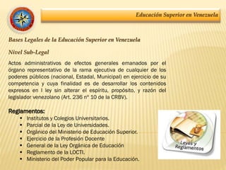 Educación Superior en Venezuela
Bases Legales de la Educación Superior en Venezuela
Nivel Sub-Legal
Actos administrativos de efectos generales emanados por el
órgano representativo de la rama ejecutiva de cualquier de los
poderes públicos (nacional, Estadal, Municipal) en ejercicio de su
competencia y cuya finalidad es de desarrollar los contenidos
expresos en l ley sin alterar el espíritu, propósito, y razón del
legislador venezolano (Art. 236 nº 10 de la CRBV).
Reglamentos:
 Institutos y Colegios Universitarios.
 Parcial de la Ley de Universidades.
 Orgánico del Ministerio de Educación Superior.
 Ejercicio de la Profesión Docente
 General de la Ley Orgánica de Educación
 Reglamento de la LOCTI.
 Ministerio del Poder Popular para la Educación.
 