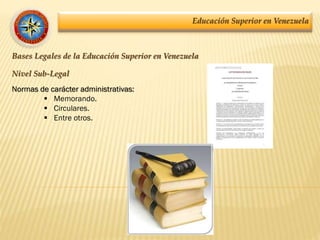 Educación Superior en Venezuela
Bases Legales de la Educación Superior en Venezuela
Nivel Sub-Legal
Normas de carácter administrativas:
 Memorando.
 Circulares.
 Entre otros.
 