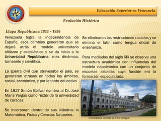 Educación Superior en Venezuela
Evolución Histórica
Etapa Republicana 1811 - 1936
Venezuela logra la independencia de
España, esos cambios generaron que se
dejará atrás el modelo universitario
elitismo y eclesiástico y se da inicio a la
Universidad Republicana, mas dinámica,
torneante y científica.
La guerra civil que atravesaba el país, se
generaron atrasos en todos los ámbitos,
social, económico, y por lo tanto educativo
En 1827 Simón Bolívar nombra al Dr. José
María Vargas como rector de la universidad
de caracas.
Se incorporan dentro de sus cátedras la
Matemática, Física y Ciencias Naturales.
Se eliminaron las restricciones raciales y se
eliminó el latín como lengua oficial de
enseñanza.
Para mediados del siglo XIX se observa una
estructura académica con influencias del
modelo napoleónico con un conjunto de
escuelas aisladas cuya función era la
formación especializada.
Universidad Central de Vzla. antigua
 