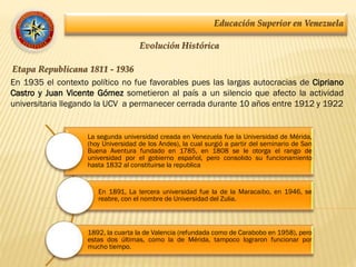 Educación Superior en Venezuela
Evolución Histórica
Etapa Republicana 1811 - 1936
En 1935 el contexto político no fue favorables pues las largas autocracias de Cipriano
Castro y Juan Vicente Gómez sometieron al país a un silencio que afecto la actividad
universitaria llegando la UCV a permanecer cerrada durante 10 años entre 1912 y 1922
La segunda universidad creada en Venezuela fue la Universidad de Mérida,
(hoy Universidad de los Andes), la cual surgió a partir del seminario de San
Buena Aventura fundado en 1785, en 1808 se le otorga el rango de
universidad por el gobierno español, pero consolido su funcionamiento
hasta 1832 al constituirse la republica
En 1891, La tercera universidad fue la de la Maracaibo, en 1946, se
reabre, con el nombre de Universidad del Zulia.
1892, la cuarta la de Valencia (refundada como de Carabobo en 1958), pero
estas dos últimas, como la de Mérida, tampoco lograron funcionar por
mucho tiempo.
 