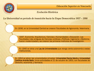 Educación Superior en Venezuela
Evolución Histórica
La Universidad en periodo de transición hacia la Etapa Democrática 1937 – 1998
En 1936, en la Universidad Central se crearon Facultades de Agronomía, Veterinaria.
1937, Economía, Arquitectura, Ciencias y Humanidades y Educación. Las
Facultades más antiguas de Ciencias Jurídicas y Políticas, Ingeniería y Medicina,
fueron modernizadas y se crearon los primeros institutos de investigación.
En 1940 se dicta una Ley de Universidades que otorga cierta autonomía a estas
instituciones.
En 1954 se abren las universidades privadas: Universidad Santa María y Universidad
Católica Andrés Bello. Inicia actividades el 21 de octubre de 1953, con facultades de
Derecho, economía, y farmacia.
 