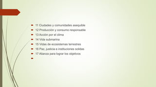 11 Ciudades y comunidades asequible
 12 Producción y consumo responsable
 13 Acción por el clima
 14 Vida submarina
 15 Vidas de ecosistemas terrestres
 16 Paz, justicia e instituciones solidas
 17 Alianza para lograr los objetivos

 