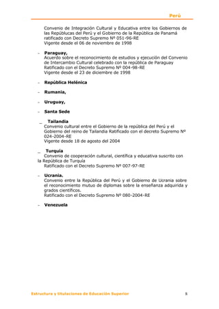 Perú

       Convenio de Integración Cultural y Educativa entre los Gobiernos de
       las Repúblucas del Perú y el Gobierno de la República de Panamá
       ratificado con Decreto Supremo Nº 051-96-RE
       Vigente desde el 06 de noviembre de 1998

   −   Paraguay,
       Acuerdo sobre el reconocimiento de estudios y ejecución del Convenio
       de Intercambio Cultural celebrado con la república de Paraguay
       Ratificado con el Decreto Supremo Nº 004-98-RE
       Vigente desde el 23 de diciembre de 1998

   −   República Helénica

   −   Rumania,

   −   Uruguay,

   −   Santa Sede

   _     Tailandia
       Convenio cultural entre el Gobierno de la república del Perú y el
       Gobierno del reino de Tailandia Ratificado con el decreto Supremo Nº
       024-2004-RE
       Vigente desde 18 de agosto del 2004

   _    Turquía
       Convenio de cooperación cultural, científica y educativa suscrito con
   la República de Turquía
       Ratificado con el Decreto Supremo Nº 007-97-RE

   −   Ucrania.
       Convenio entre la República del Perú y el Gobierno de Ucrania sobre
       el reconocimiento mutuo de diplomas sobre la enseñanza adquirida y
       grados científicos.
       Ratificado con el Decreto Supremo Nº 080-2004-RE

   −   Venezuela




Estructura y titulaciones de Educación Superior                                8
 