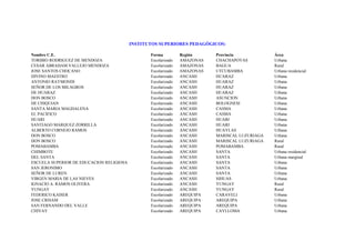 INSTITUTOS SUPERIORES PEDAGÒGICOS:

Nombre C.E.                                      Forma          Región     Provincia            Área
TORIBIO RODRIGUEZ DE MENDOZA                     Escolarizado   AMAZONAS   CHACHAPOYAS          Urbana
CESAR ABRAHAM VALLEJO MENDOZA                    Escolarizado   AMAZONAS   BAGUA                Rural
JOSE SANTOS CHOCANO                              Escolarizado   AMAZONAS   UTCUBAMBA            Urbana residencial
DIVINO MAESTRO                                   Escolarizado   ANCASH     HUARAZ               Urbana
ANTONIO RAYMONDI                                 Escolarizado   ANCASH     HUARAZ               Urbana
SEÑOR DE LOS MILAGROS                            Escolarizado   ANCASH     HUARAZ               Urbana
DE HUARAZ                                        Escolarizado   ANCASH     HUARAZ               Urbana
DON BOSCO                                        Escolarizado   ANCASH     ASUNCION             Urbana
DE CHIQUIAN                                      Escolarizado   ANCASH     BOLOGNESI            Urbana
SANTA MARIA MAGDALENA                            Escolarizado   ANCASH     CASMA                Urbana
EL PACIFICO                                      Escolarizado   ANCASH     CASMA                Urbana
HUARI                                            Escolarizado   ANCASH     HUARI                Urbana
SANTIAGO MARQUEZ ZORRILLA                        Escolarizado   ANCASH     HUARI                Urbana
ALBERTO CORNEJO RAMOS                            Escolarizado   ANCASH     HUAYLAS              Urbana
DON BOSCO                                        Escolarizado   ANCASH     MARISCAL LUZURIAGA   Urbana
DON BOSCO                                        Escolarizado   ANCASH     MARISCAL LUZURIAGA   Rural
POMABAMBA                                        Escolarizado   ANCASH     POMABAMBA            Rural
CHIMBOTE                                         Escolarizado   ANCASH     SANTA                Urbana residencial
DEL SANTA                                        Escolarizado   ANCASH     SANTA                Urbana marginal
ESCUELA SUPERIOR DE EDUCACION RELIGIOSA          Escolarizado   ANCASH     SANTA                Urbana
SAN JERONIMO                                     Escolarizado   ANCASH     SANTA                Urbana
SEÑOR DE LUREN                                   Escolarizado   ANCASH     SANTA                Urbana
VIRGEN MARIA DE LAS NIEVES                       Escolarizado   ANCASH     SIHUAS               Urbana
IGNACIO A. RAMOS OLIVERA                         Escolarizado   ANCASH     YUNGAY               Rural
YUNGAY                                           Escolarizado   ANCASH     YUNGAY               Rural
FEDERICO KAISER                                  Escolarizado   AREQUIPA   CARAVELI             Urbana
JOSE CRISAM                                      Escolarizado   AREQUIPA   AREQUIPA             Urbana
SAN FERNANDO DEL VALLE                           Escolarizado   AREQUIPA   AREQUIPA             Urbana
CHIVAY                                           Escolarizado   AREQUIPA   CAYLLOMA             Urbana
 