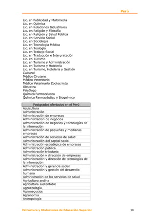 Perú

Lic. en Publicidad y Multimedia
Lic. en Química
Lic. en Relaciones Industriales
Lic. en Religión y Filosofía
Lic. en Religión y Salud Pública
Lic. en Servicio Social
Lic. en Sociología
Lic. en Tecnología Médica
Lic. en Teología
Lic. en Trabajo Social
Lic. en Traducción e Interpretación
Lic. en Turismo
Lic. en Turismo y Administración
Lic. en Turismo y Hotelería
Lic. en Turismo, Hotelería y Gestión
Cultural
Médico Cirujano
Médico Veterinario
Médico Veterinario Zootecnista
Obstetra
Psicólogo
Químico Farmacéutico
Químico Farmacéutico y Bioquímico

        Postgrados ofertados en el Perú
Acuicultura
Administración
Administración de empresas
Administración de negocios
Administración de negocios y tecnologías de
la información
Administración de pequeñas y medianas
empresas
Administración de servicios de salud
Administración del capital social
Administración estratégica de empresas
Administración pública
Administración tributaria
Administración y dirección de empresas
Administración y dirección de tecnologías de
la información
Administración y gerencia social
Administración y gestión del desarrollo
humano
Admnistración de los servicios de salud
Agricultura andina
Agricultura sustentable
Agroecología
Agronegocios
Agronomía
Antropología


Estructura y titulaciones de Educación Superior          30
 