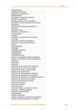Perú

Epistemología
Estadística aplicada
Estadística matemática
Estomatología
Estrategia y seguridad nacional
Estudios amazónicos
Estudios teóricos en psicoanálisis
Evaluación y administración de recursos
pesqueros
Extracción de metales estratégicos
Farmacia
Farmacia clínica
Farmacia y bioquímica
Farmacología
Filosofía
Filosofía y concepciones del mundo
Finanzas
Finanzas y derecho corporativo
Finanzas y mercados financieros
Física
Física aplicada
Fisiología
Fisiología y biofísica
Fisiopatología
Fitopatología
Ganadería andina
Género, sexualidad y políticas públicas
Género, sexualidad y salud reproductiva
Genética
Geografía
Geología
Gerencia de la construcción moderna
Gerencia de los servicios de salud
Gerencia de obras y construcción
Gerencia de operaciones
Gerencia de organizaciones políticas
Gerencia de proyectos de ingeniería
Gerencia de proyectos y programas sociales
Gerencia de servicios de la salud
Gerencia de servicios de salud
Gerencia educativa
Gerencia en salud
Gerencia social
Gerencia social y recursos humanos
Gerencia y políticas públicas
Geriatría y gerontología
Gerontología
Gestión ambiental
Gestión ambiental y desarrollo sostenible
Gestión cultural patrimonio y turismo


Estructura y titulaciones de Educación Superior          34
 