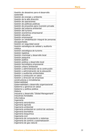 Perú

Gestión de desastres para el desarrollo
sostenible
Gestión de energía y ambiente
Gestión de la alta dirección
Gestión de operaciones
Gestión de políticas públicas
Gestión de proyectos para inversión privada
Gestión del sistema ambiental
Gestión del turismo
Gestión económica empresarial
Gestión educativa
Gestión empresarial
Gestión en rehabilitación integral de personas
discapacitadas
Gestión en seguridad social
Gestión estratégica de calidad y auditoría
médica
Gestión estratégica de turismo
Gestión logística
Gestión municipal y desarrollo local
Gestión pesquera
Gestión pública
Gestión pública y desarrollo local
Gestión tecnológica empresarial
Gestión urbano ambiental
Gestión y administración de la contrucción
Gestión y administración de la educación
Gestión y auditorías ambientales
Gestión y conducción en salud
Gestión y dirección de empresas
constructoras e inmobiliarias
Gobernabilidad
Gobernabilidad y desarrollo organizacional
Gobierno y gerencia en salud
Gobierno y política pública
Historia
Industria y desarrollo "Global Management"
Industrias forestales
Informática
Ingeniería
Ingeniería aeronáutica
Ingeniería agrícola
Ingeniería ambiental
Ingeniería ambiental en control de vectores
Ingeniería biomédica
Ingeniería bioquímica
Ingeniería civil
Ingeniería de computación y sistemas
Ingeniería de control y automatización
Ingeniería de gas natural



Estructura y titulaciones de Educación Superior          35
 